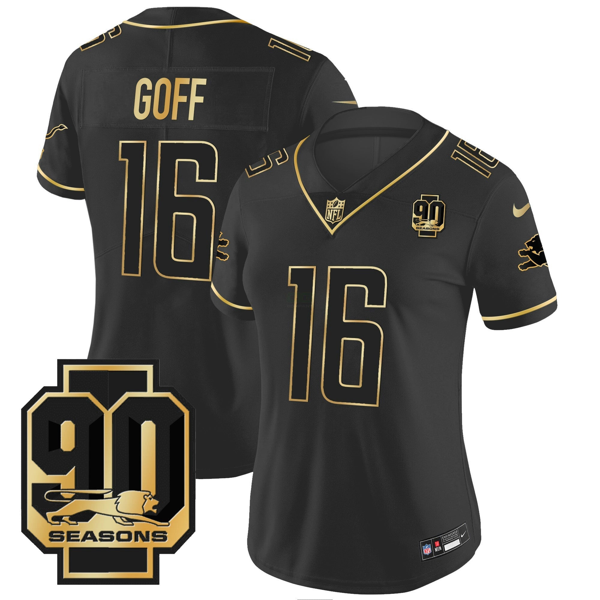 Camisa NFL Women’s Detroit 90th Year Patch Dourada Jersey