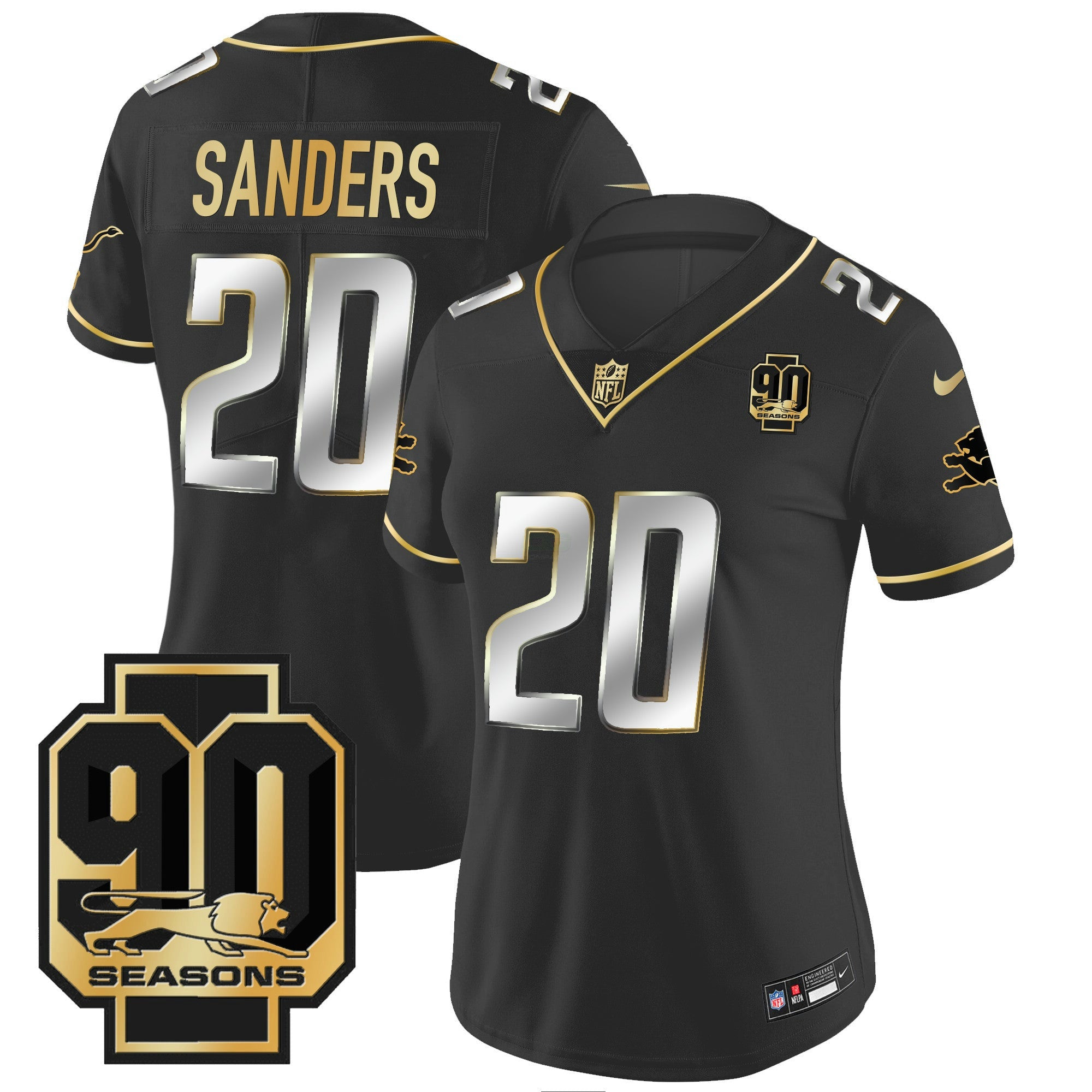 Camisa NFL Women’s Detroit 90th Year Patch Dourada Jersey
