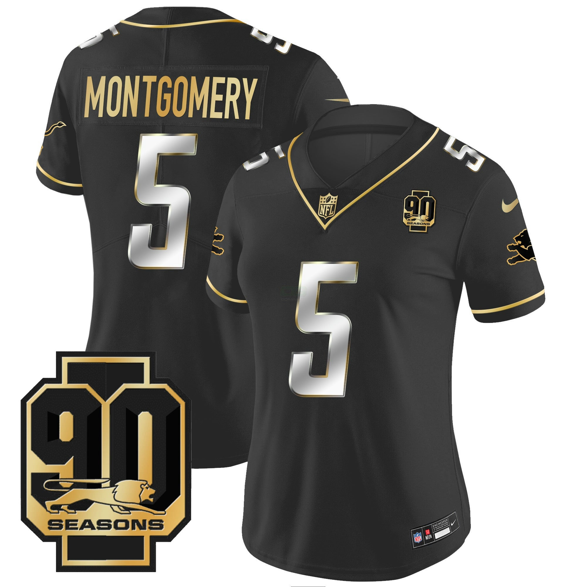 Camisa NFL Women’s Detroit 90th Year Patch Dourada Jersey