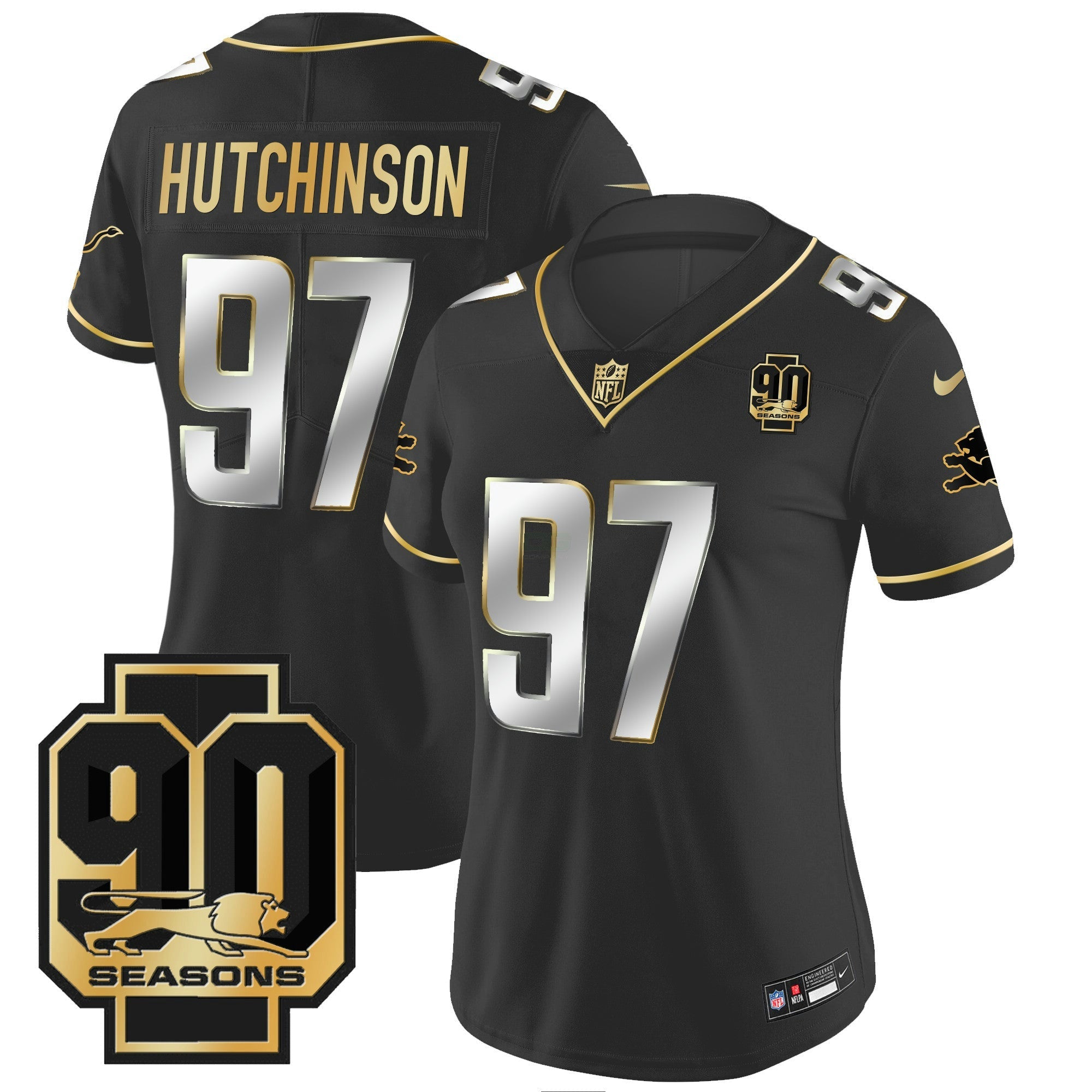 Camisa NFL Women’s Detroit 90th Year Patch Dourada Jersey