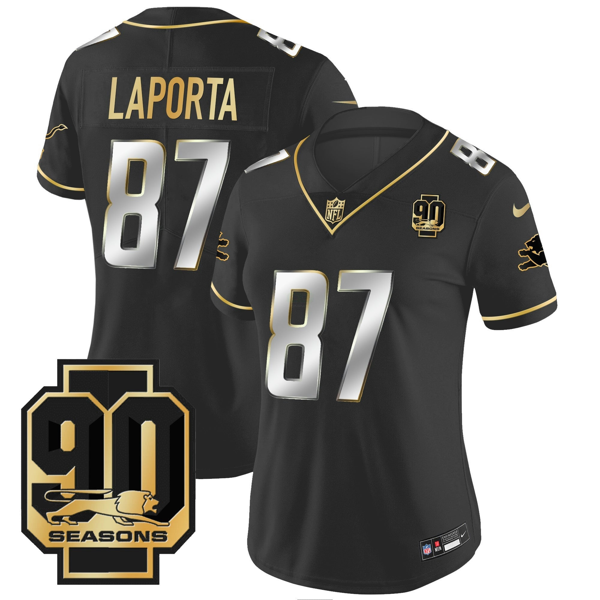 Camisa NFL Women’s Detroit 90th Year Patch Dourada Jersey