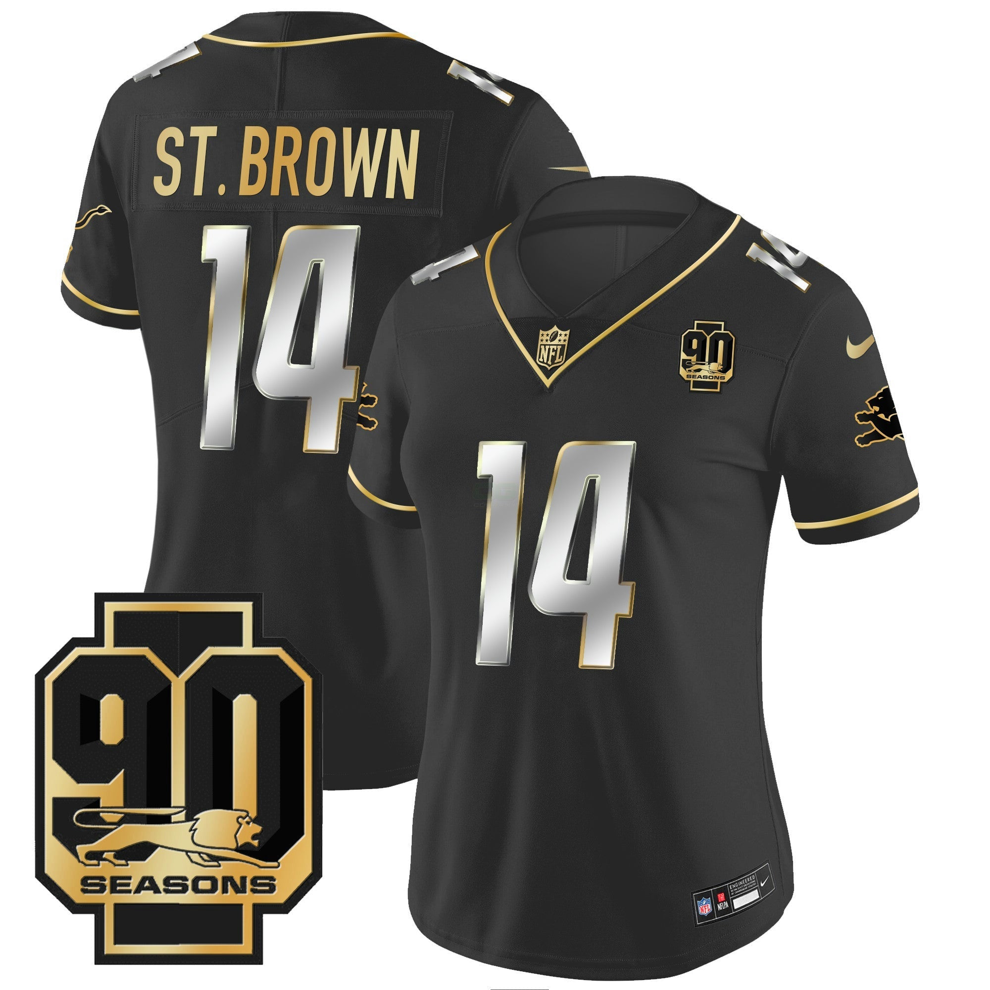 Camisa NFL Women’s Detroit 90th Year Patch Dourada Jersey