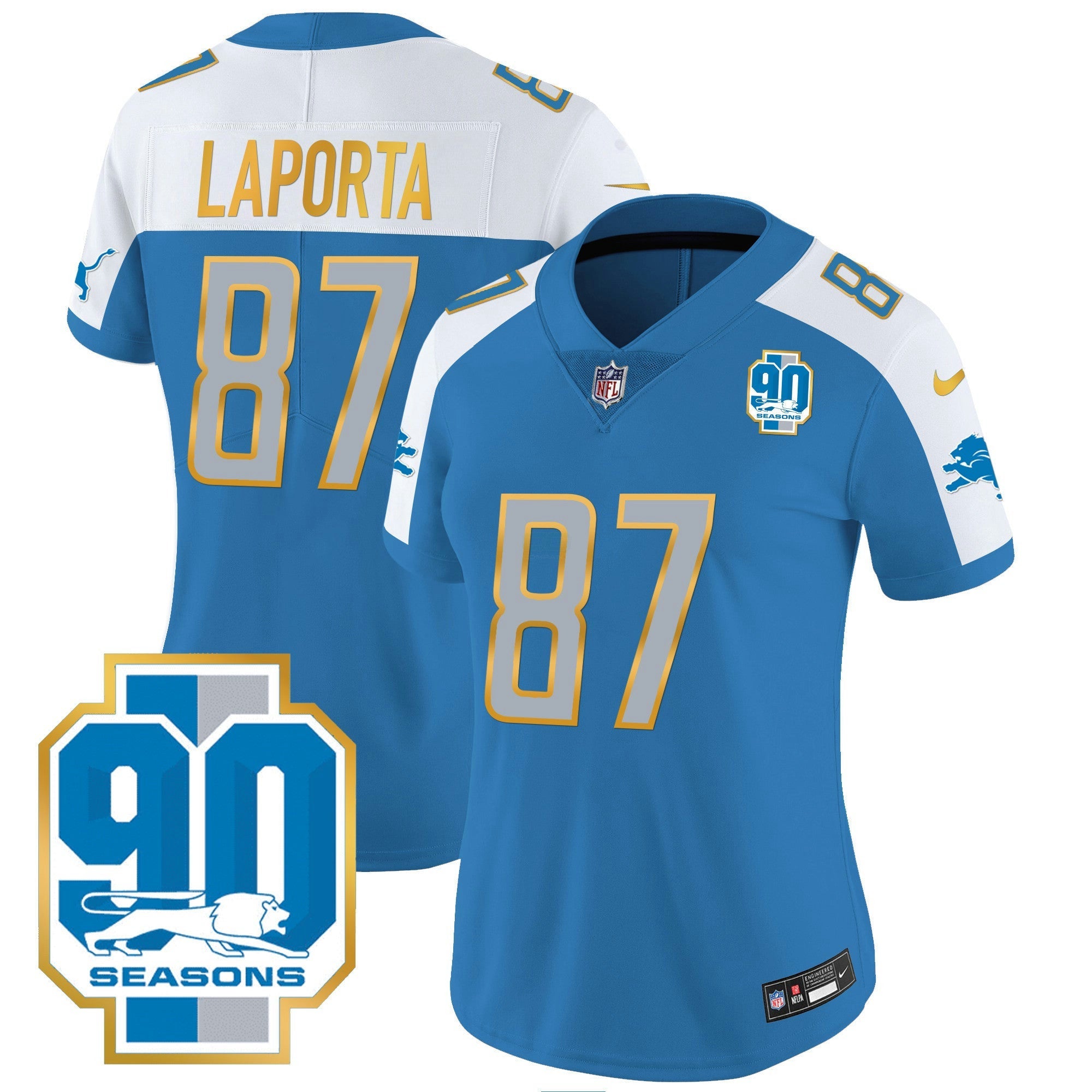 Camisa NFL Women’s Detroit 90th Year Patch Dourada Trim Jersey