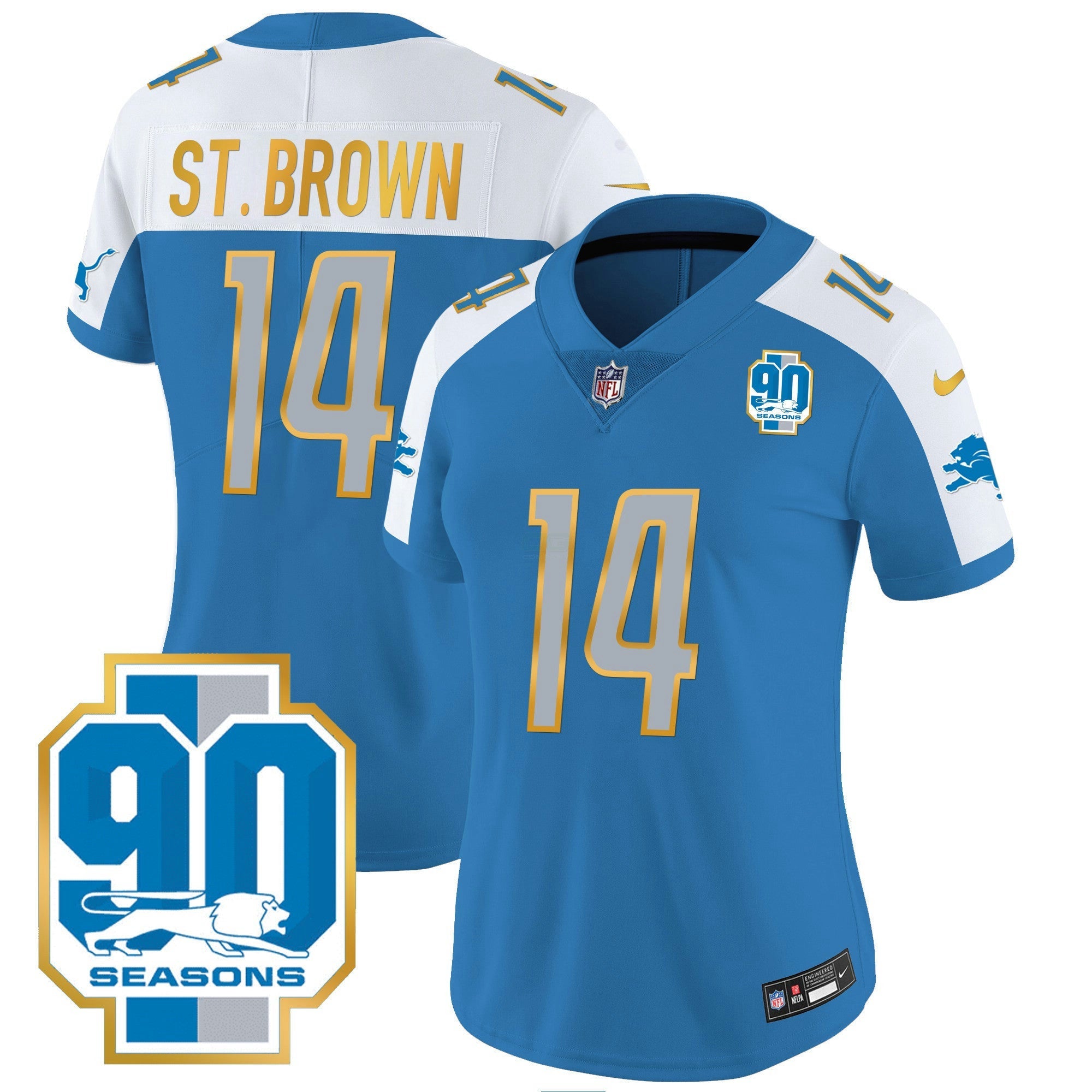 Camisa NFL Women’s Detroit 90th Year Patch Dourada Trim Jersey
