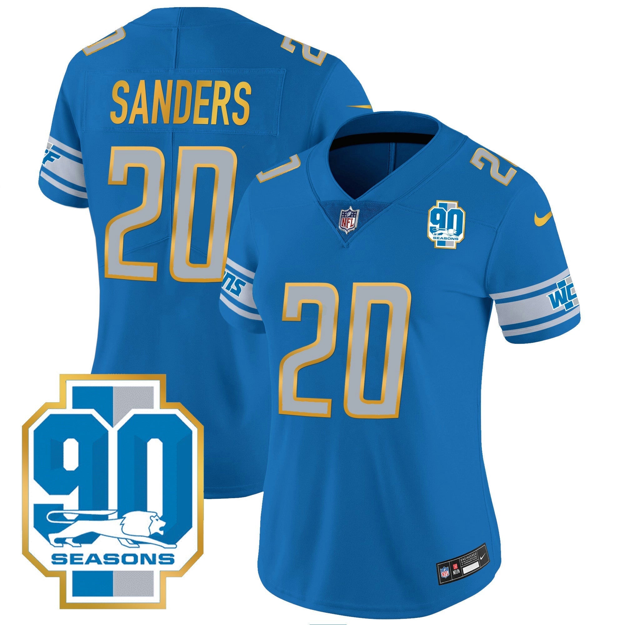 Camisa NFL Women’s Detroit 90th Year Patch Dourada Trim Jersey