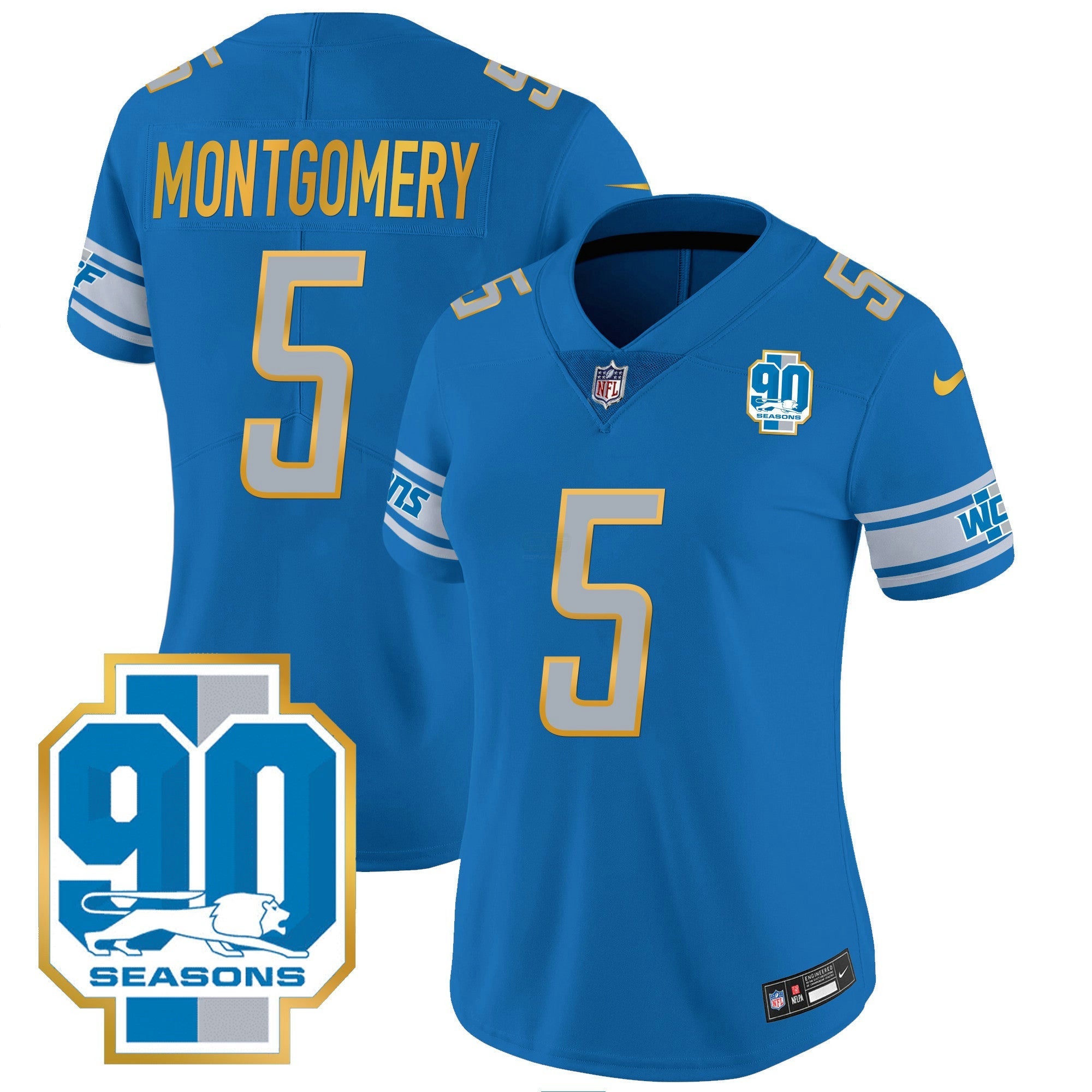 Camisa NFL Women’s Detroit 90th Year Patch Dourada Trim Jersey