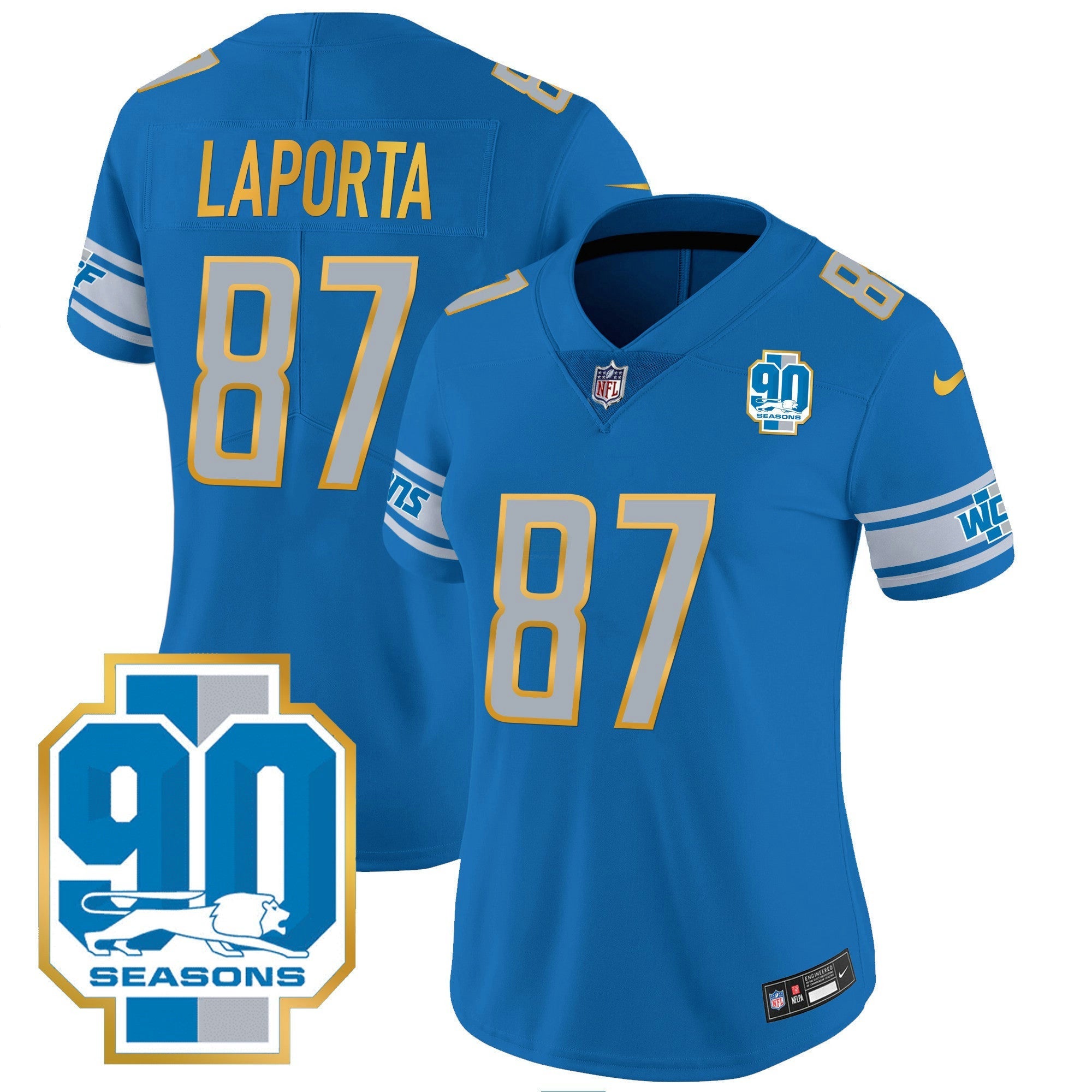 Camisa NFL Women’s Detroit 90th Year Patch Dourada Trim Jersey