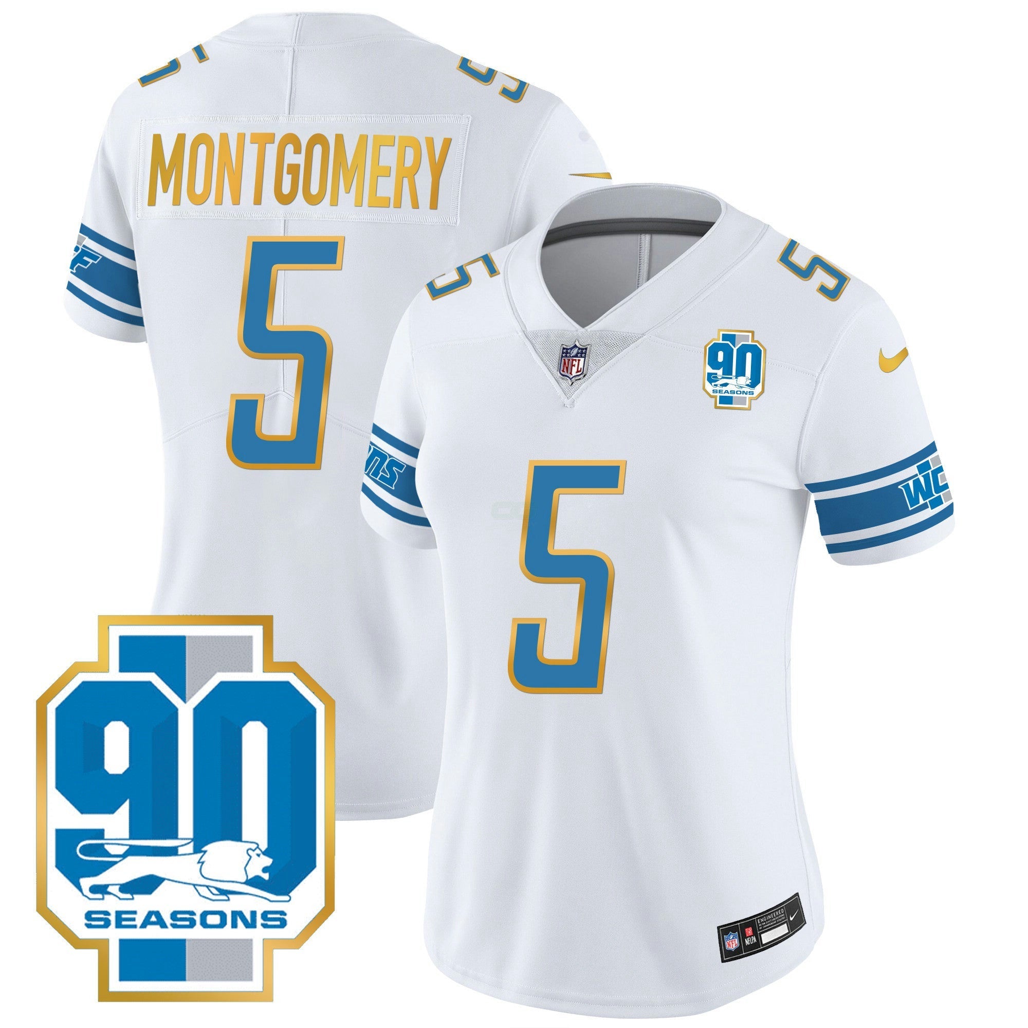 Camisa NFL Women’s Detroit 90th Year Patch Dourada Trim Jersey