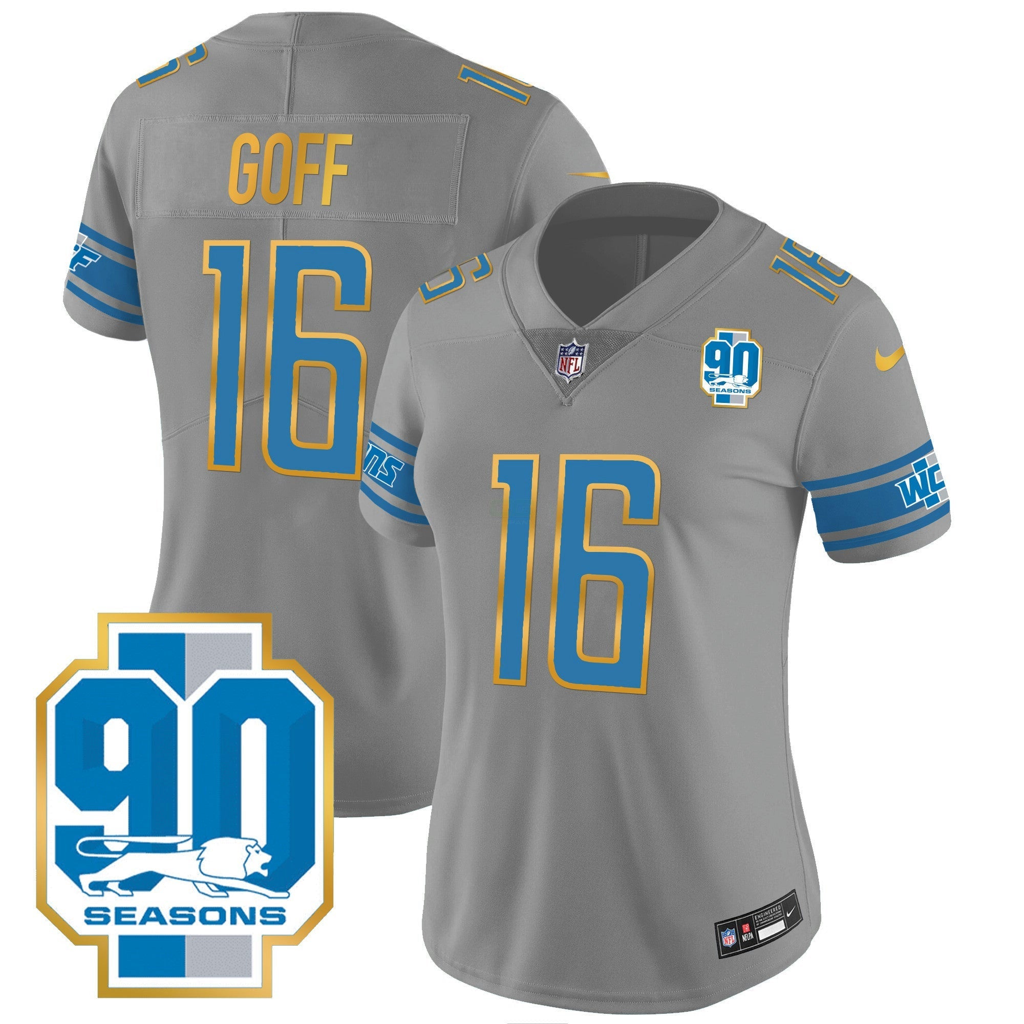 Camisa NFL Women’s Detroit 90th Year Patch Dourada Trim Jersey