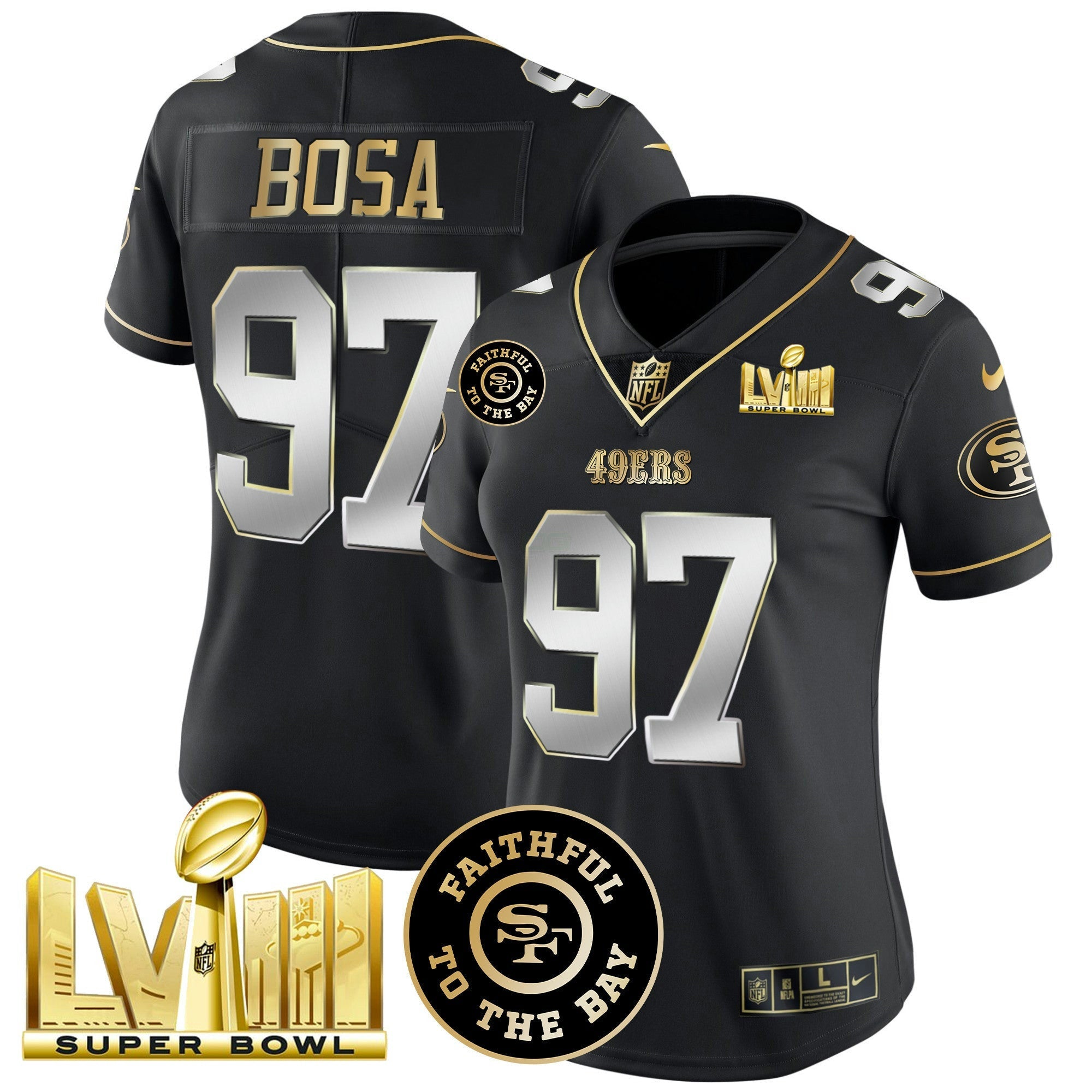 Camisa NFL Women’s Faithful & Super Bowl LVIII Dourada Patch Vapor Jersey