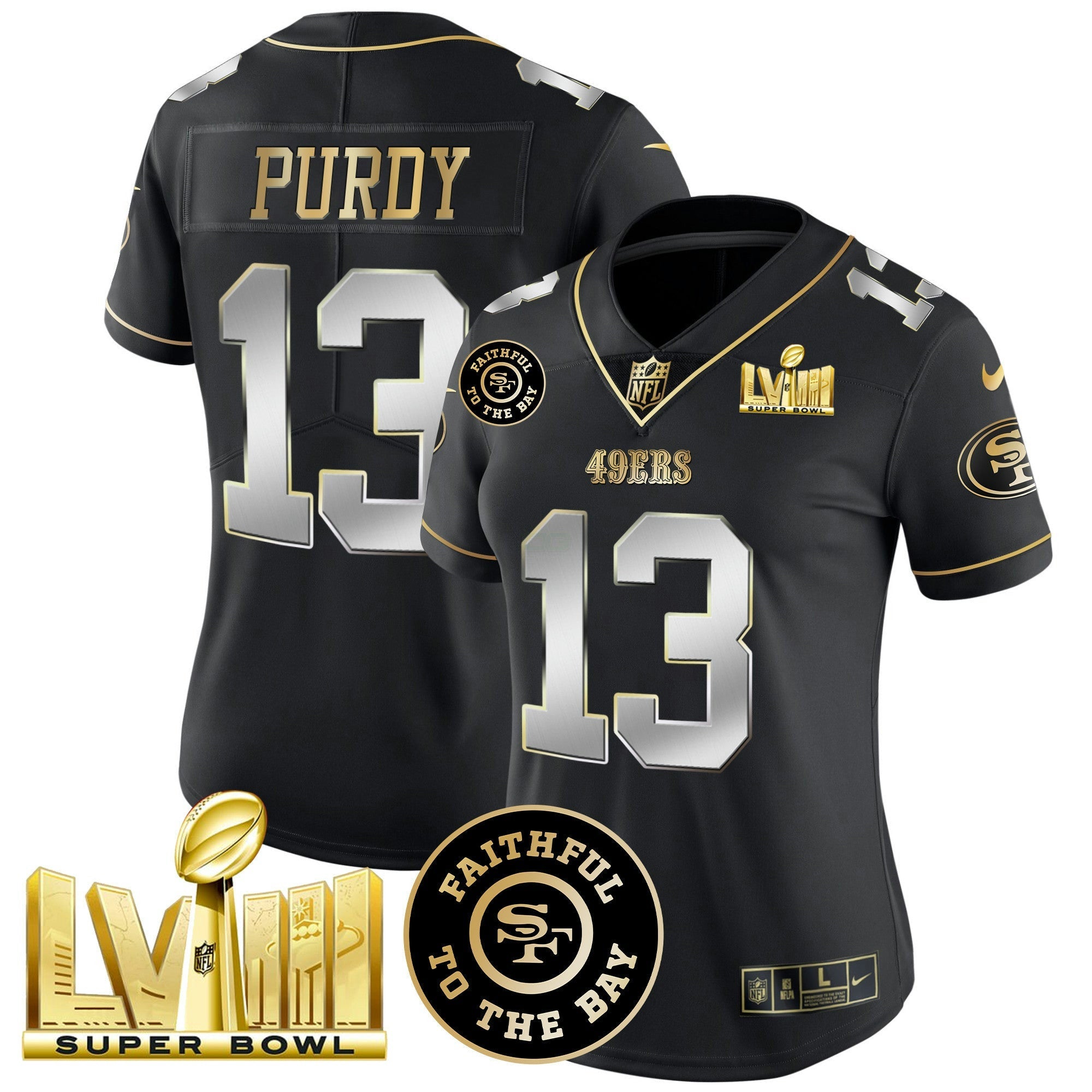 Camisa NFL Women’s Faithful & Super Bowl LVIII Dourada Patch Vapor Jersey