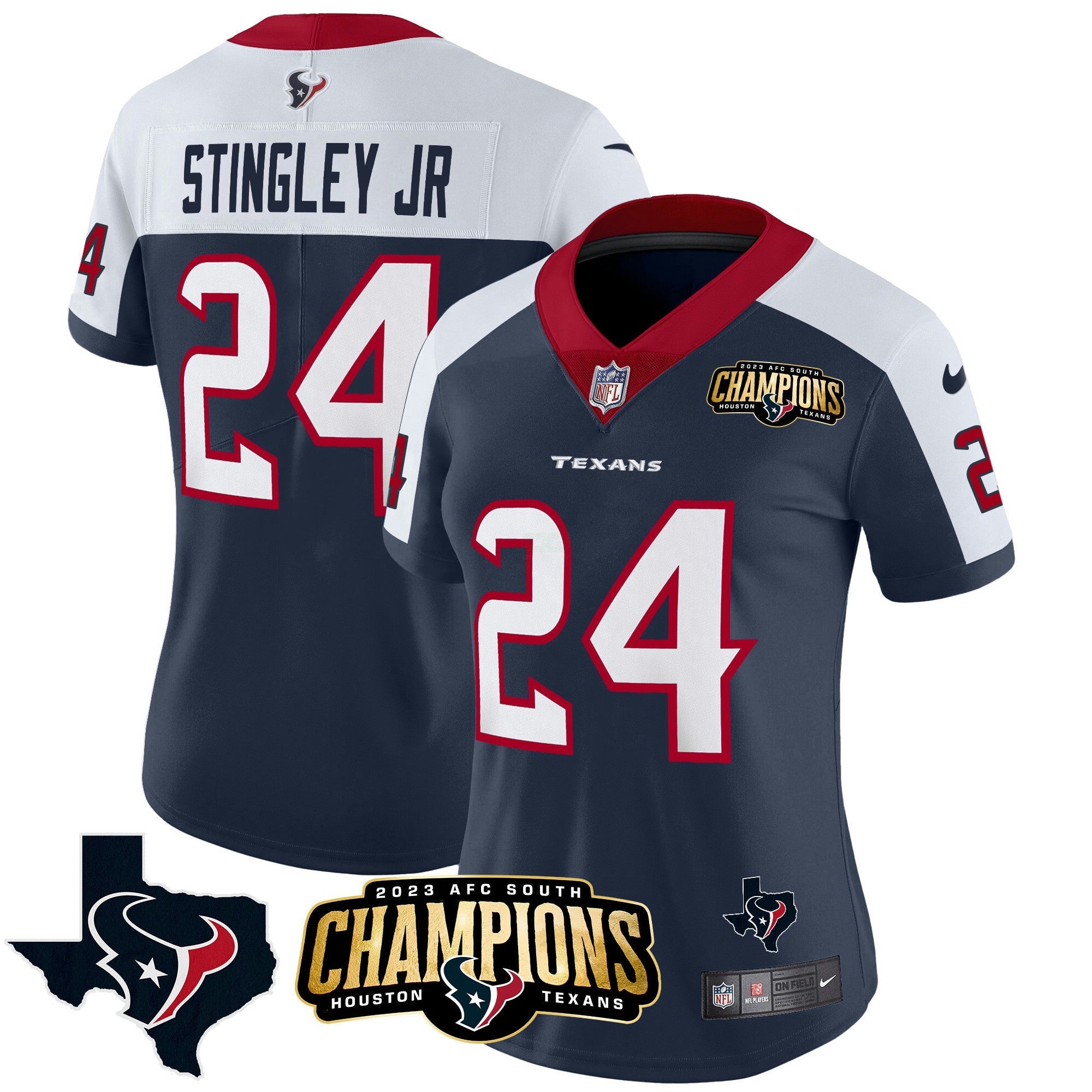 Camisa NFL Women’s Houston 2023 AFC South Champions Patch Vapor Jersey
