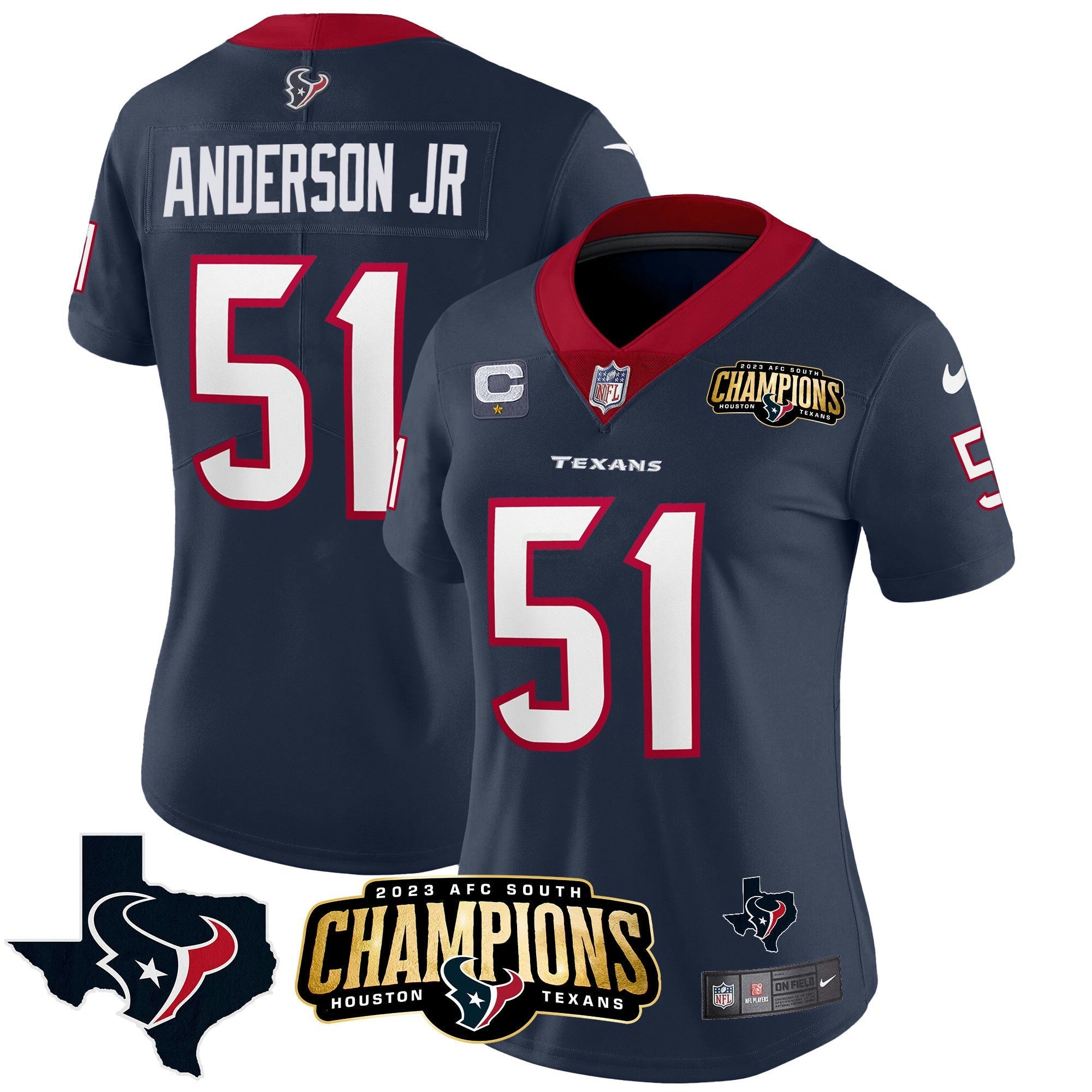 Camisa NFL Women’s Houston 2023 AFC South Champions Patch Vapor Jersey