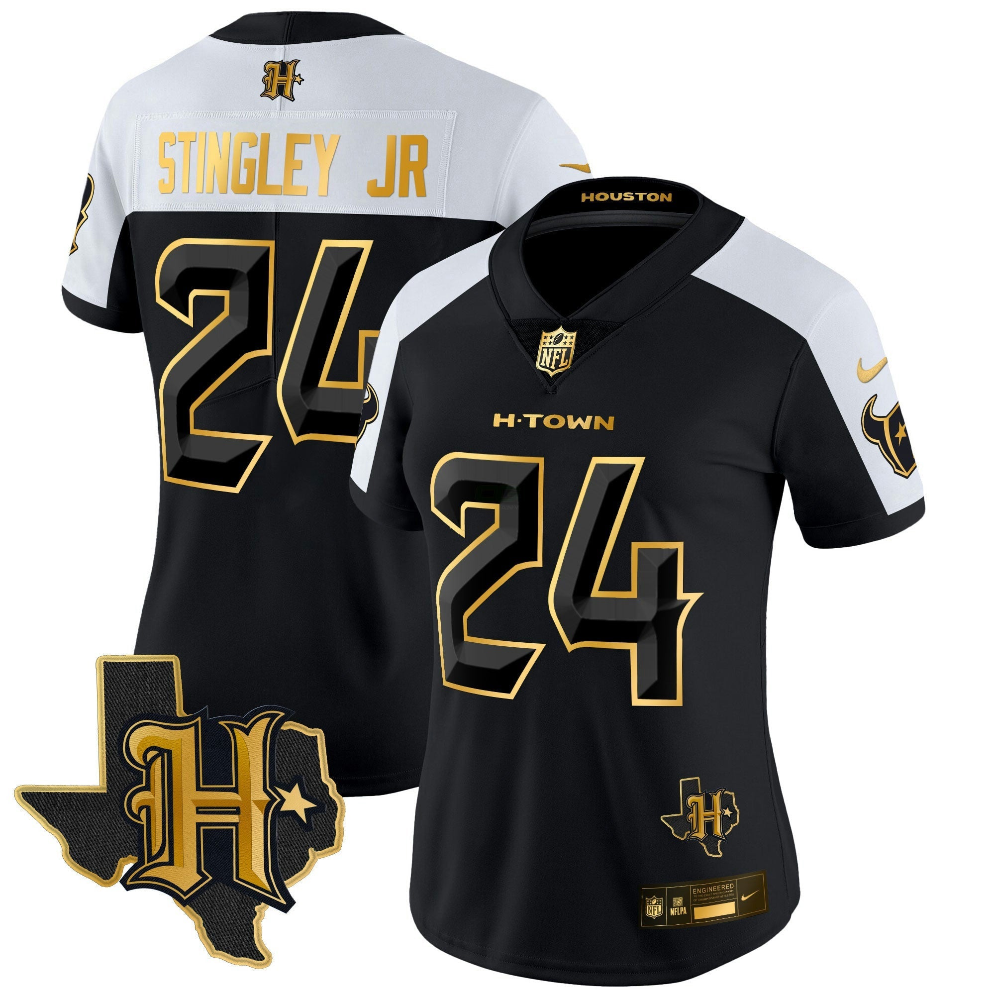 Camisa NFL Women’s Houston 2024 Texas Patch Dourada Vapor Limited Jersey