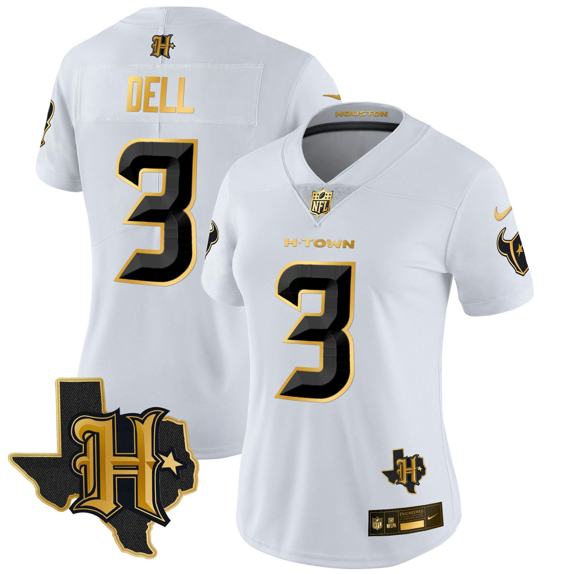 Camisa NFL Women’s Houston 2024 Texas Patch Dourada Vapor Limited Jersey