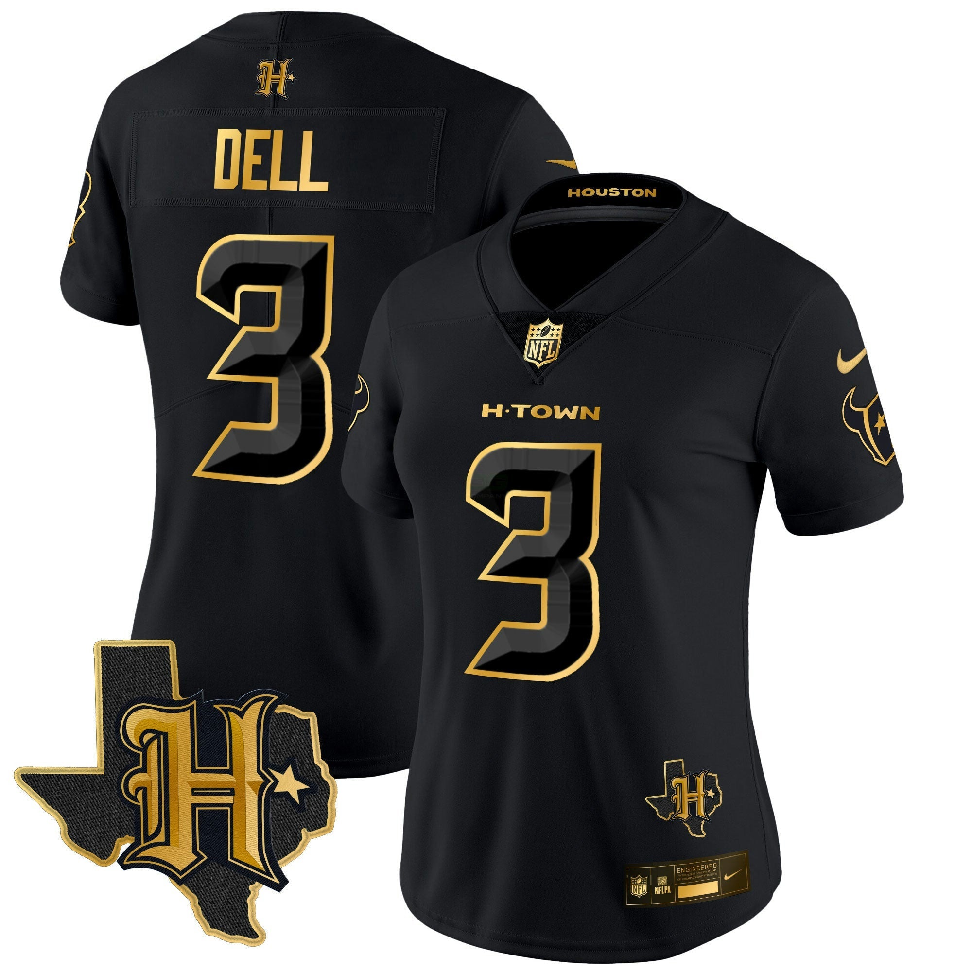 Camisa NFL Women’s Houston 2024 Texas Patch Dourada Vapor Limited Jersey