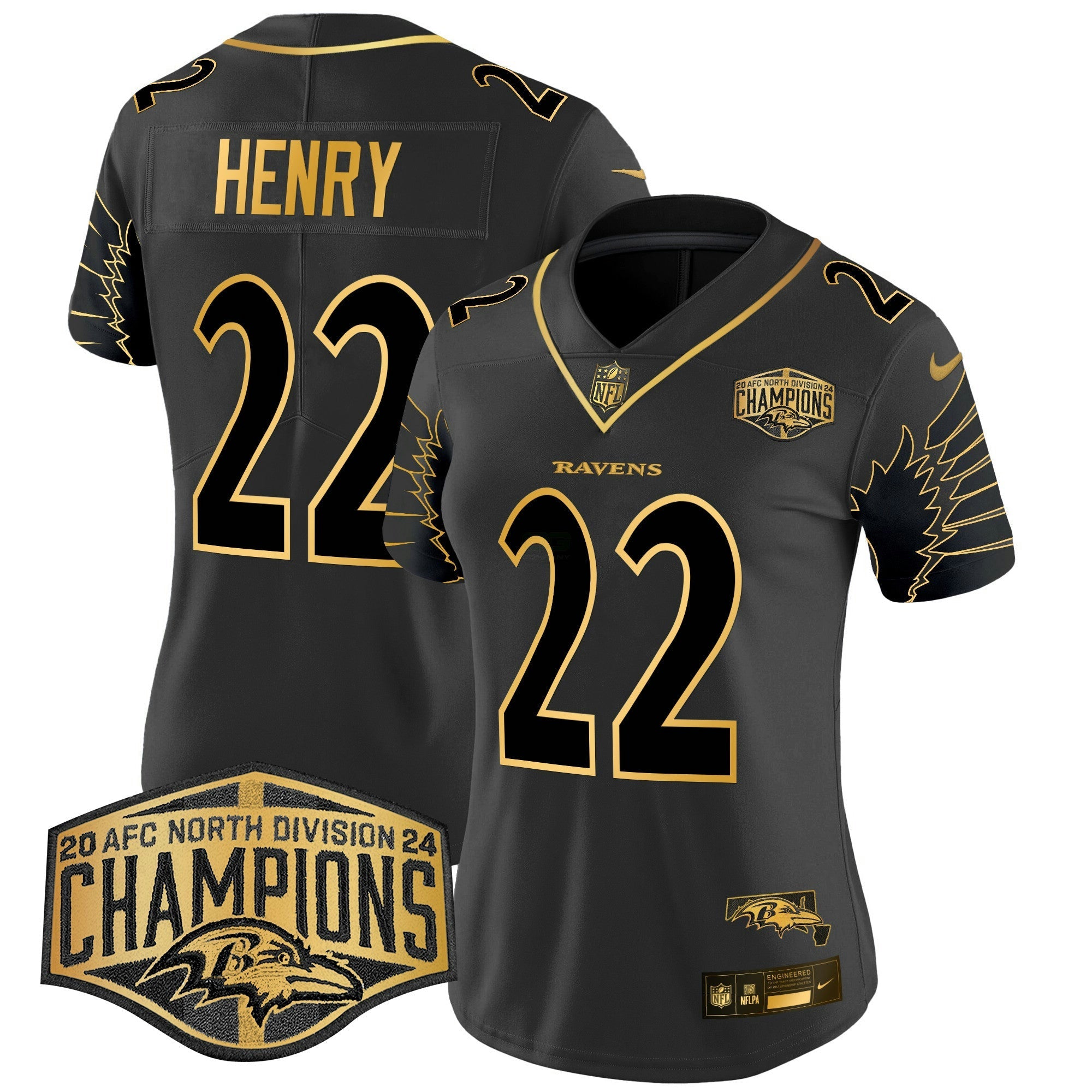 Camisa NFL Women’s Maryland 2024 AFC North Division Champions Patch Dourada Vapor Limited Jersey