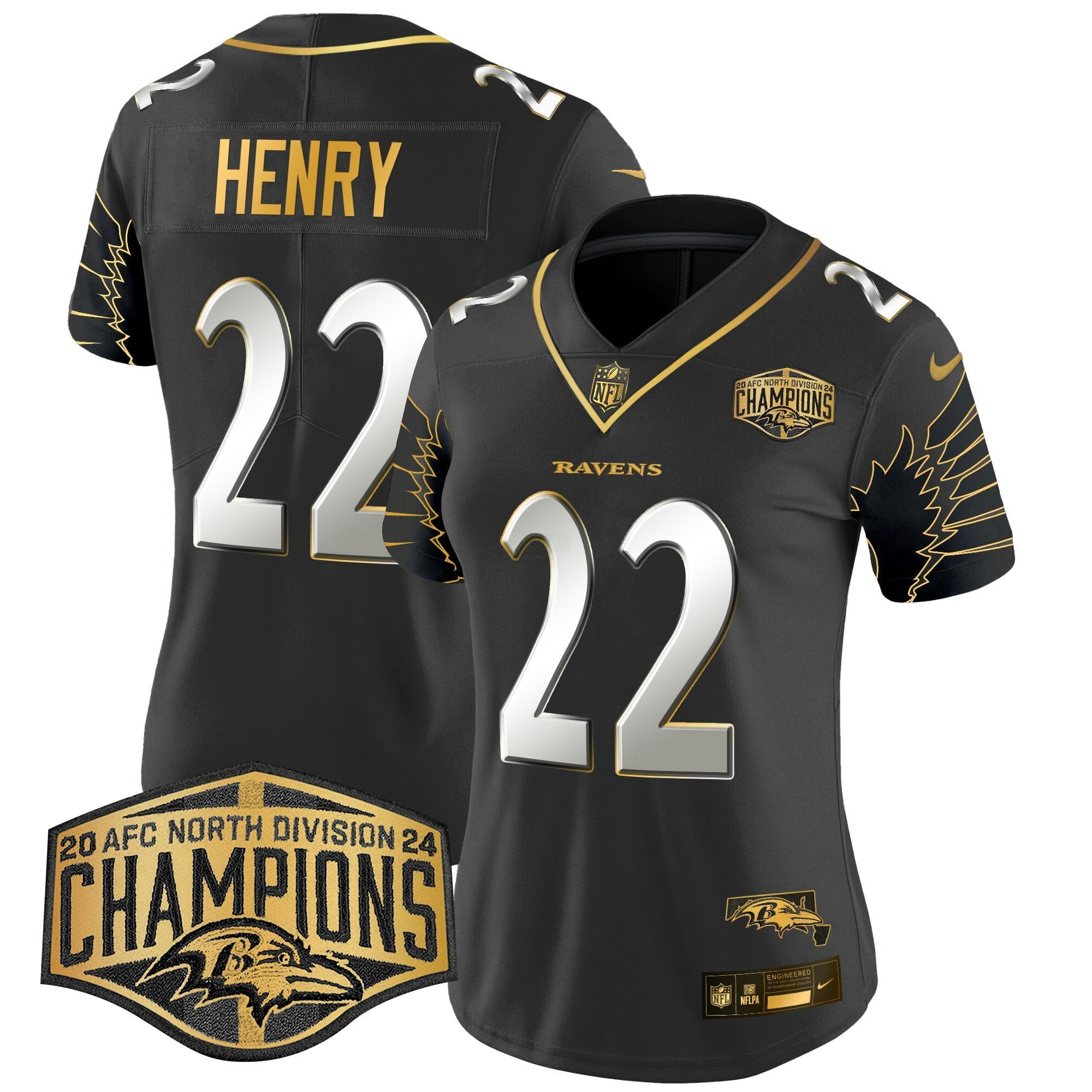 Camisa NFL Women’s Maryland 2024 AFC North Division Champions Patch Dourada Vapor Limited Jersey