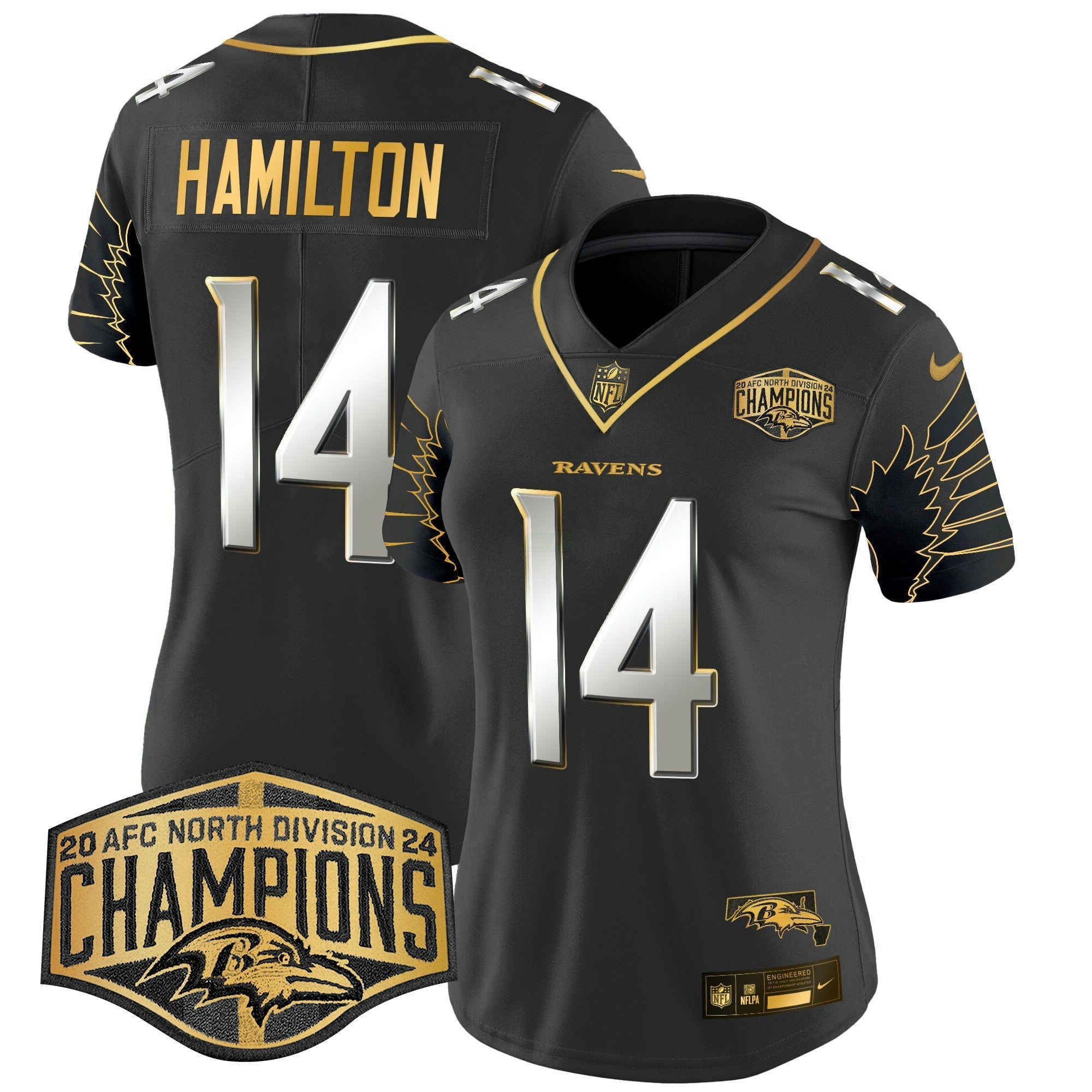 Camisa NFL Women’s Maryland 2024 AFC North Division Champions Patch Dourada Vapor Limited Jersey