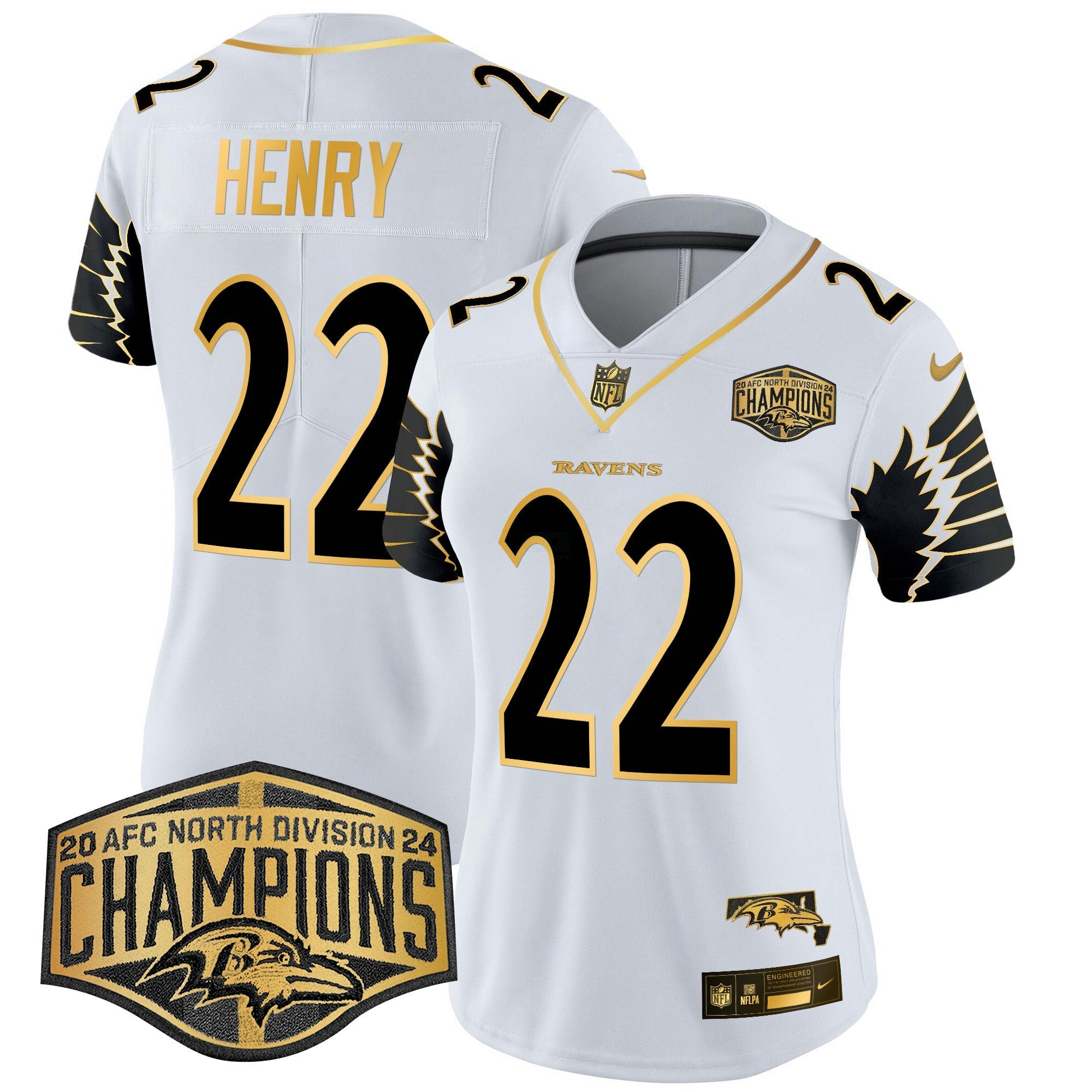Camisa NFL Women’s Maryland 2024 AFC North Division Champions Patch Dourada Vapor Limited Jersey