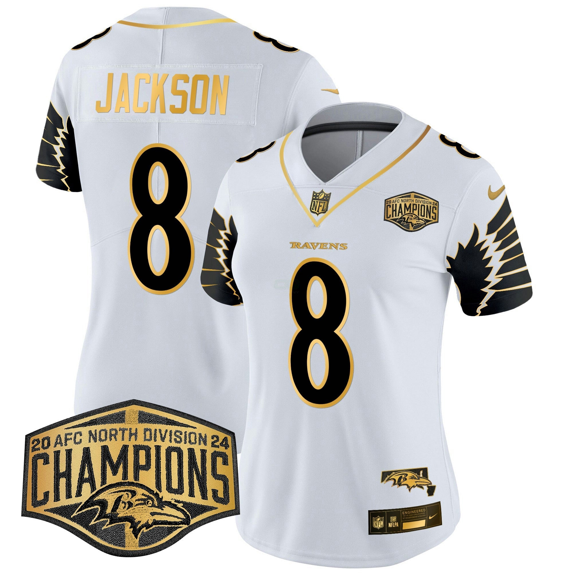 Camisa NFL Women’s Maryland 2024 AFC North Division Champions Patch Dourada Vapor Limited Jersey