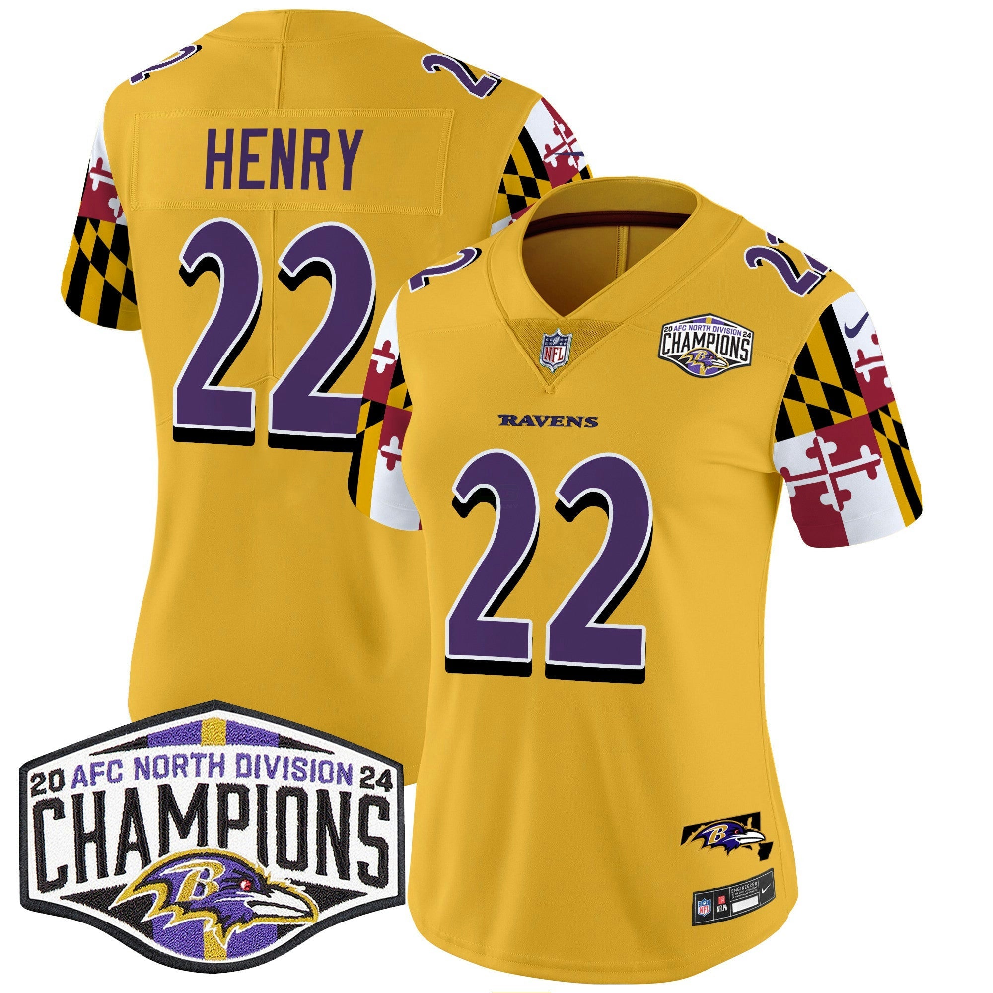 Camisa NFL Women’s Maryland Flag 2024 AFC North Division Champions Patch Vapor Limited Jersey