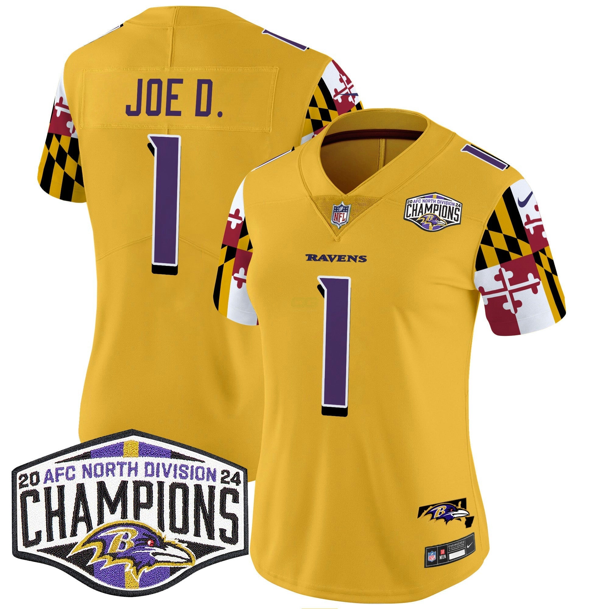 Camisa NFL Women’s Maryland Flag 2024 AFC North Division Champions Patch Vapor Limited Jersey