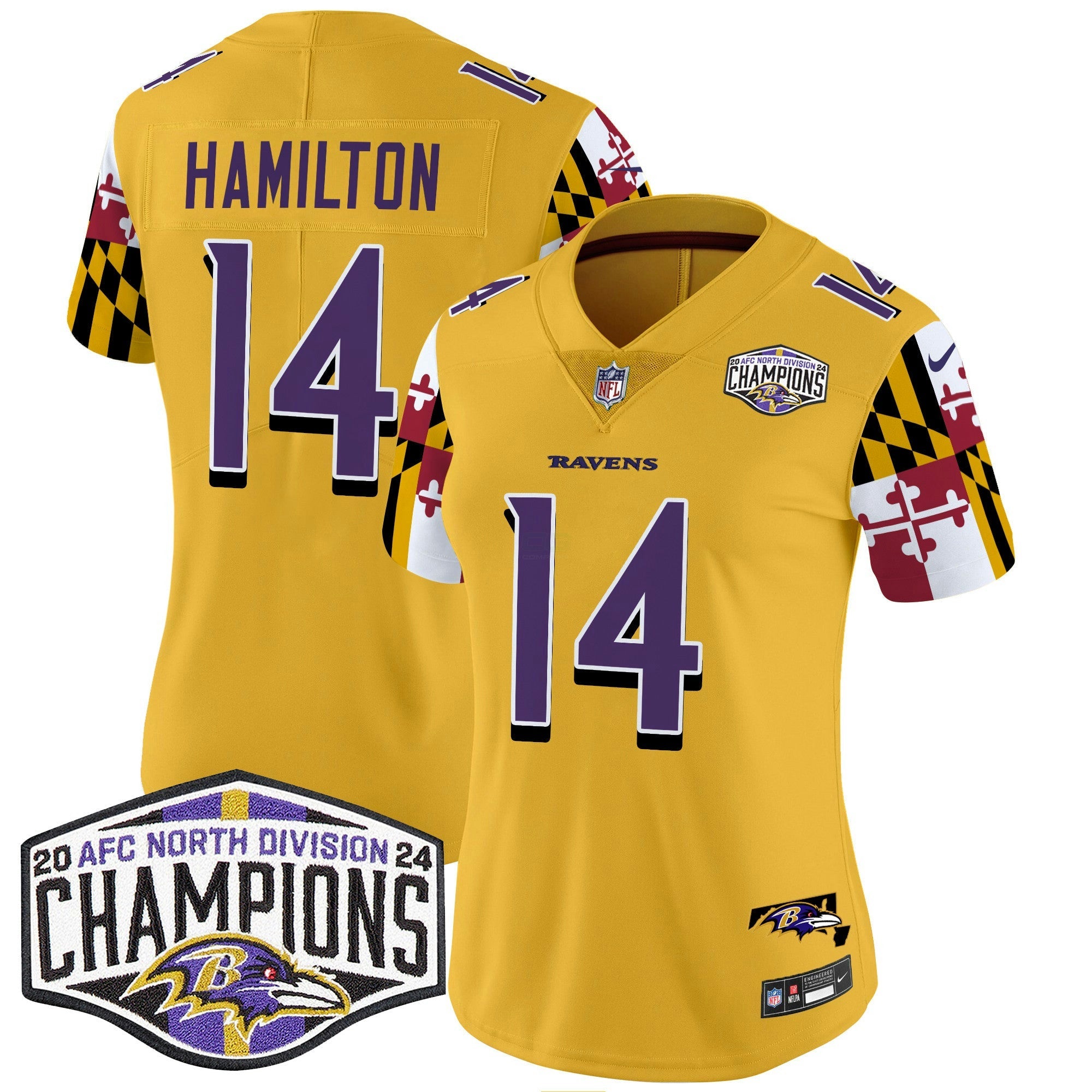 Camisa NFL Women’s Maryland Flag 2024 AFC North Division Champions Patch Vapor Limited Jersey