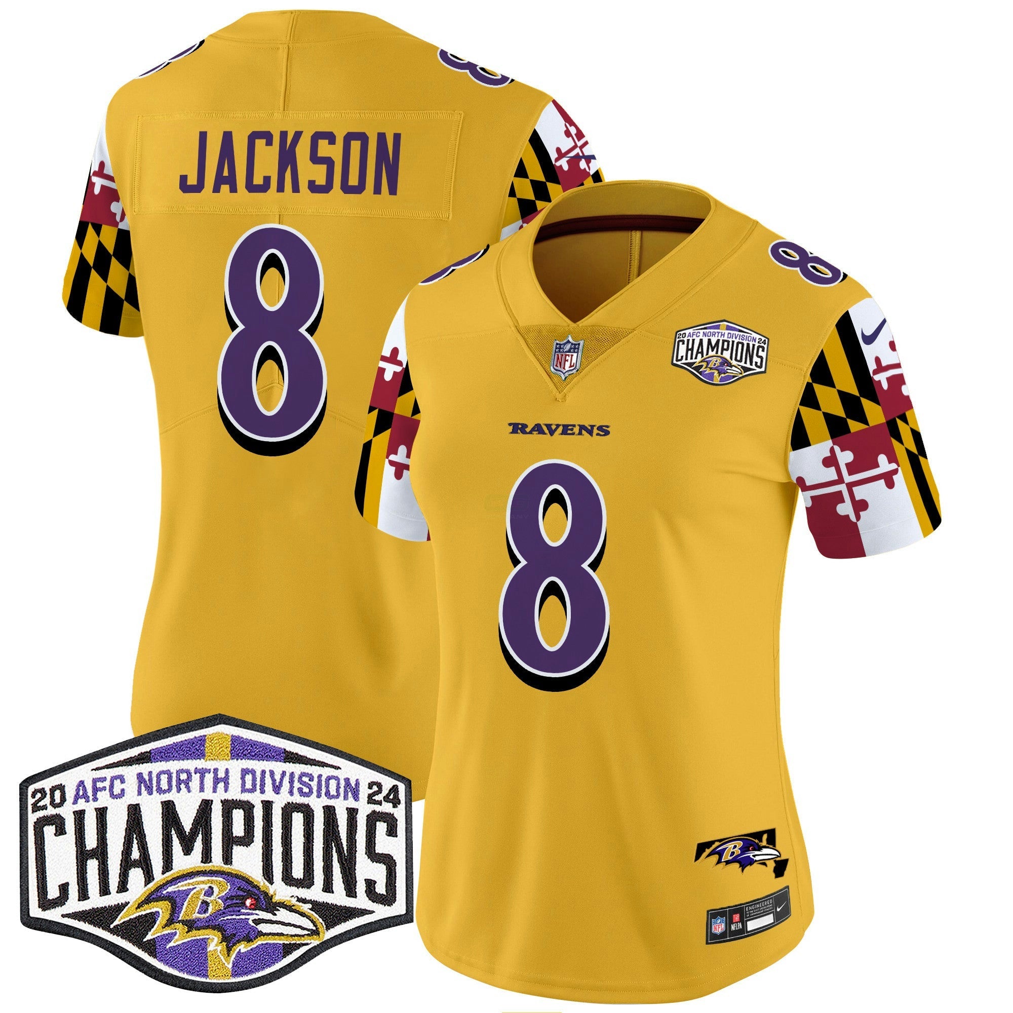 Camisa NFL Women’s Maryland Flag 2024 AFC North Division Champions Patch Vapor Limited Jersey