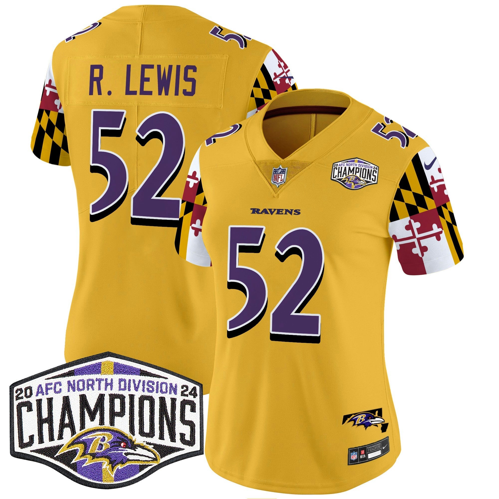 Camisa NFL Women’s Maryland Flag 2024 AFC North Division Champions Patch Vapor Limited Jersey