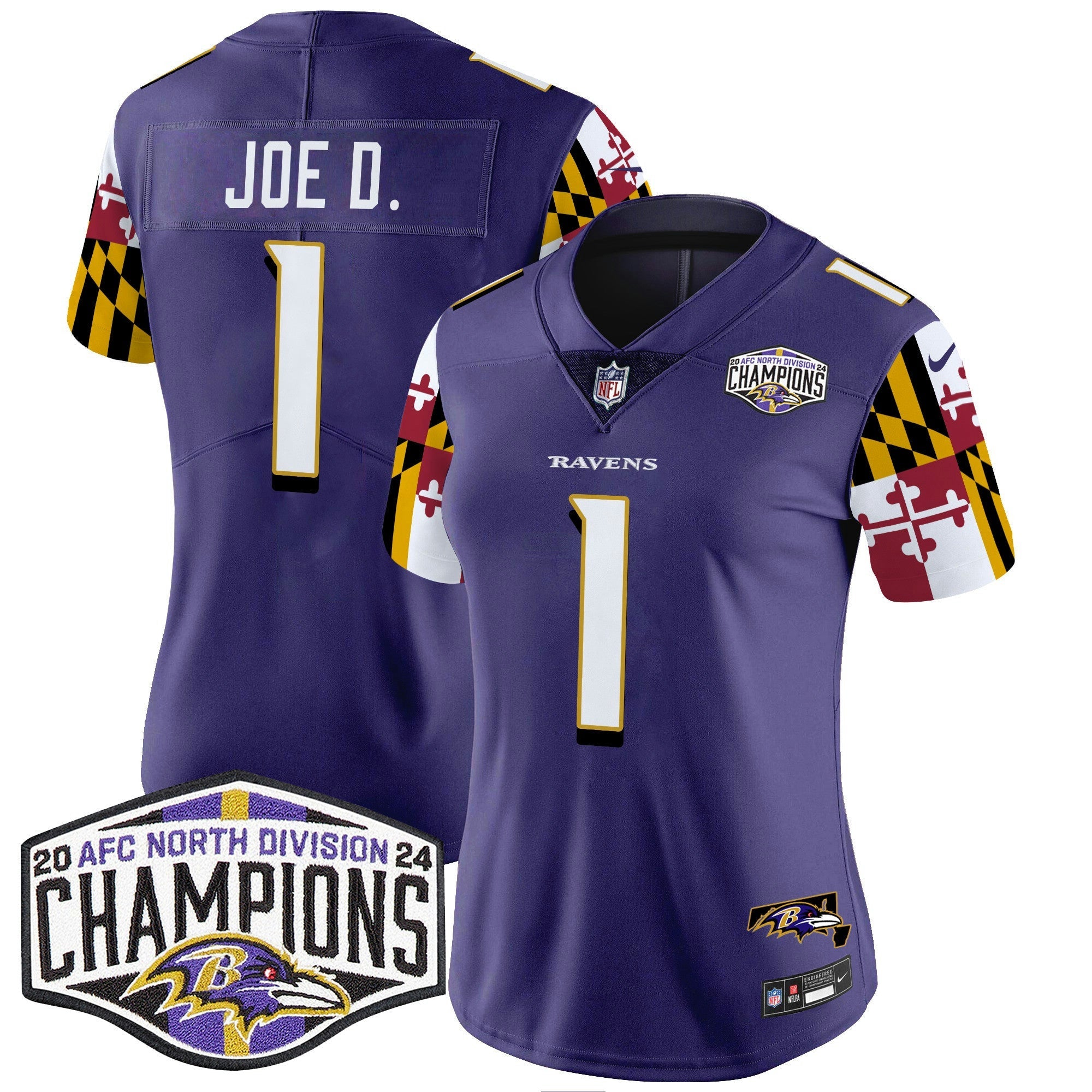 Camisa NFL Women’s Maryland Flag 2024 AFC North Division Champions Patch Vapor Limited Jersey