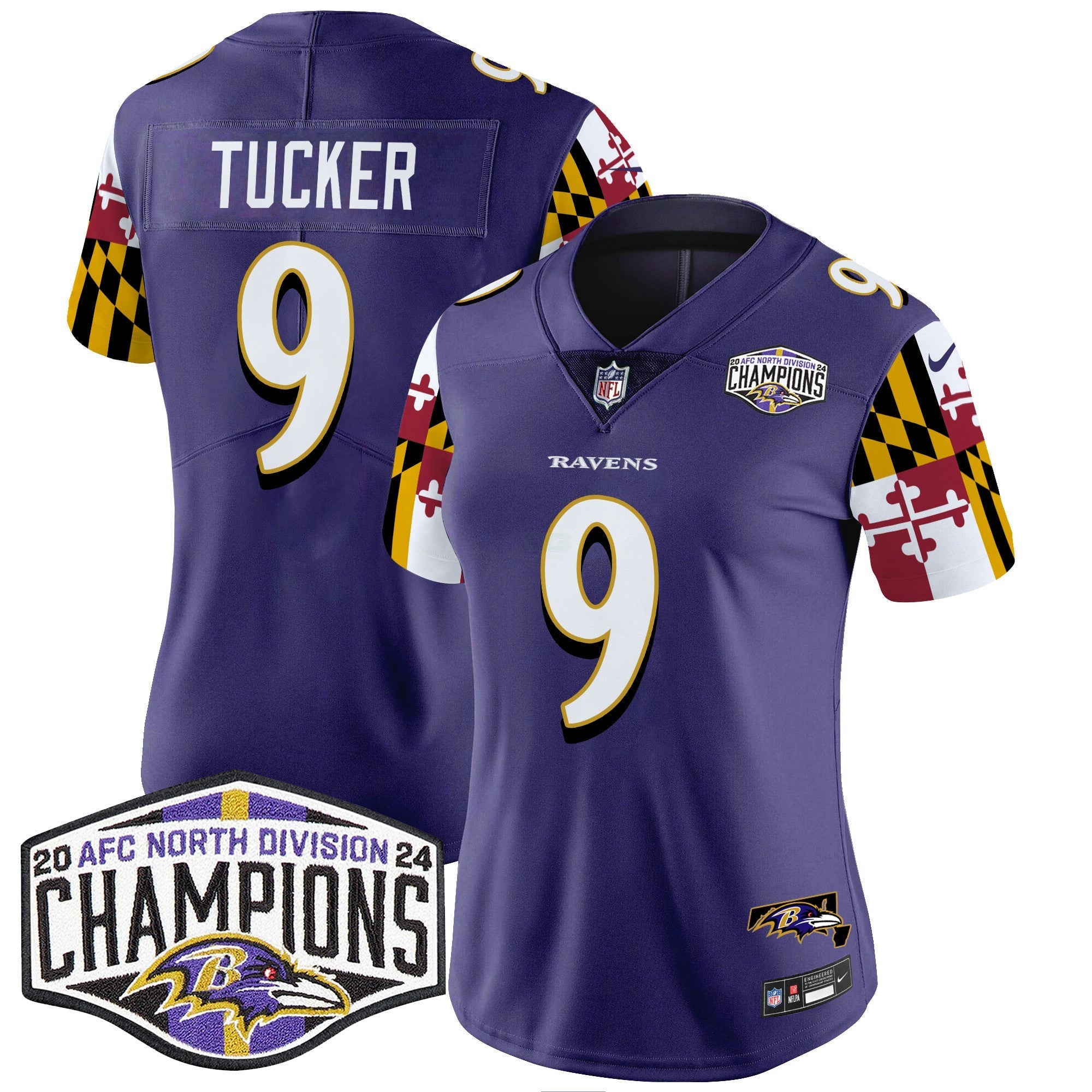 Camisa NFL Women’s Maryland Flag 2024 AFC North Division Champions Patch Vapor Limited Jersey