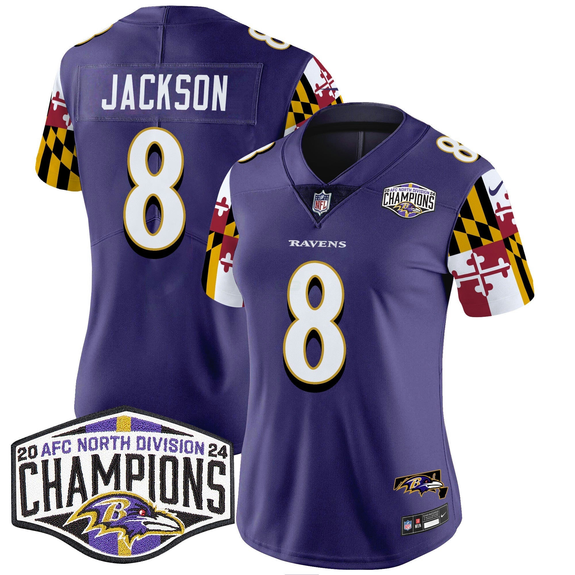 Camisa NFL Women’s Maryland Flag 2024 AFC North Division Champions Patch Vapor Limited Jersey