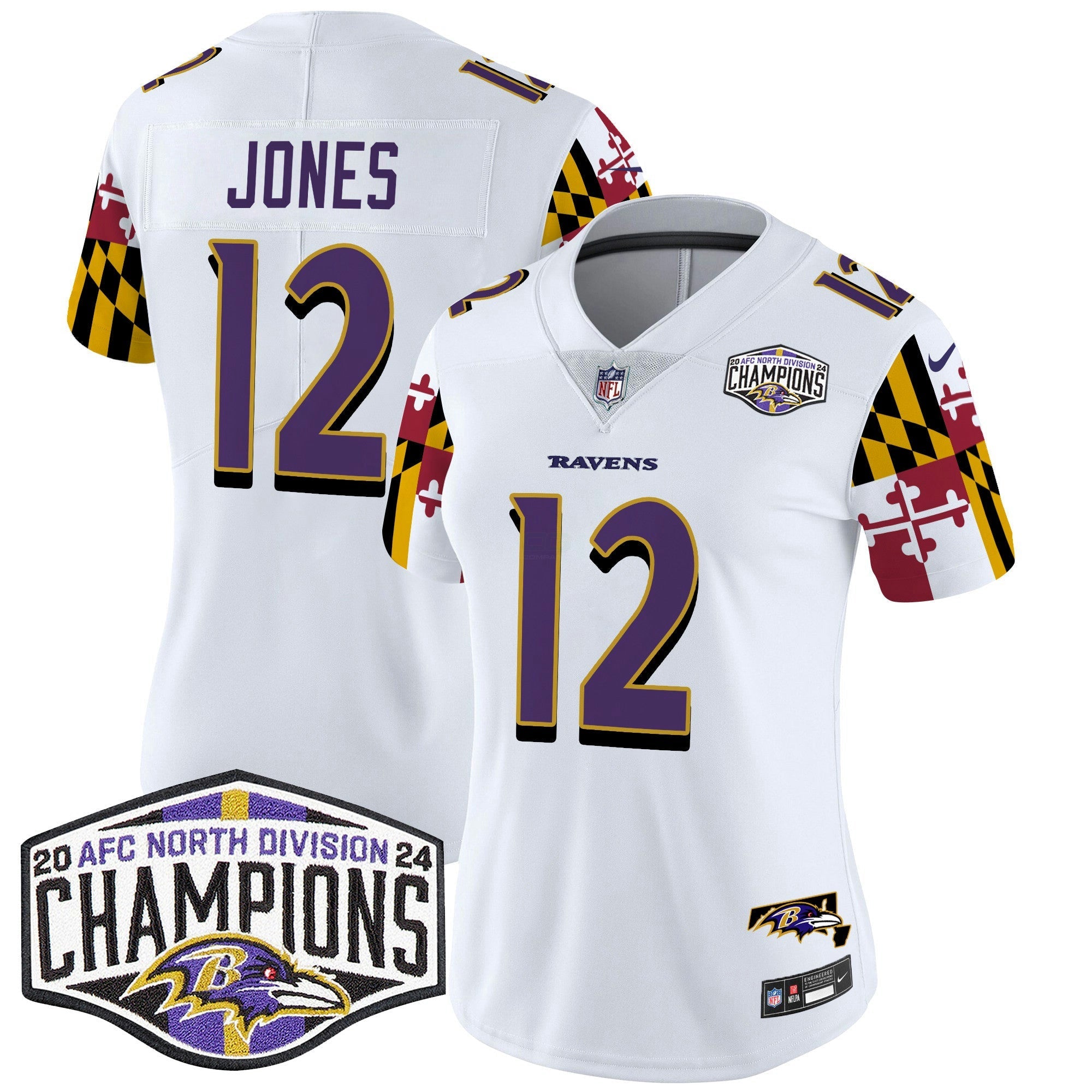 Camisa NFL Women’s Maryland Flag 2024 AFC North Division Champions Patch Vapor Limited Jersey