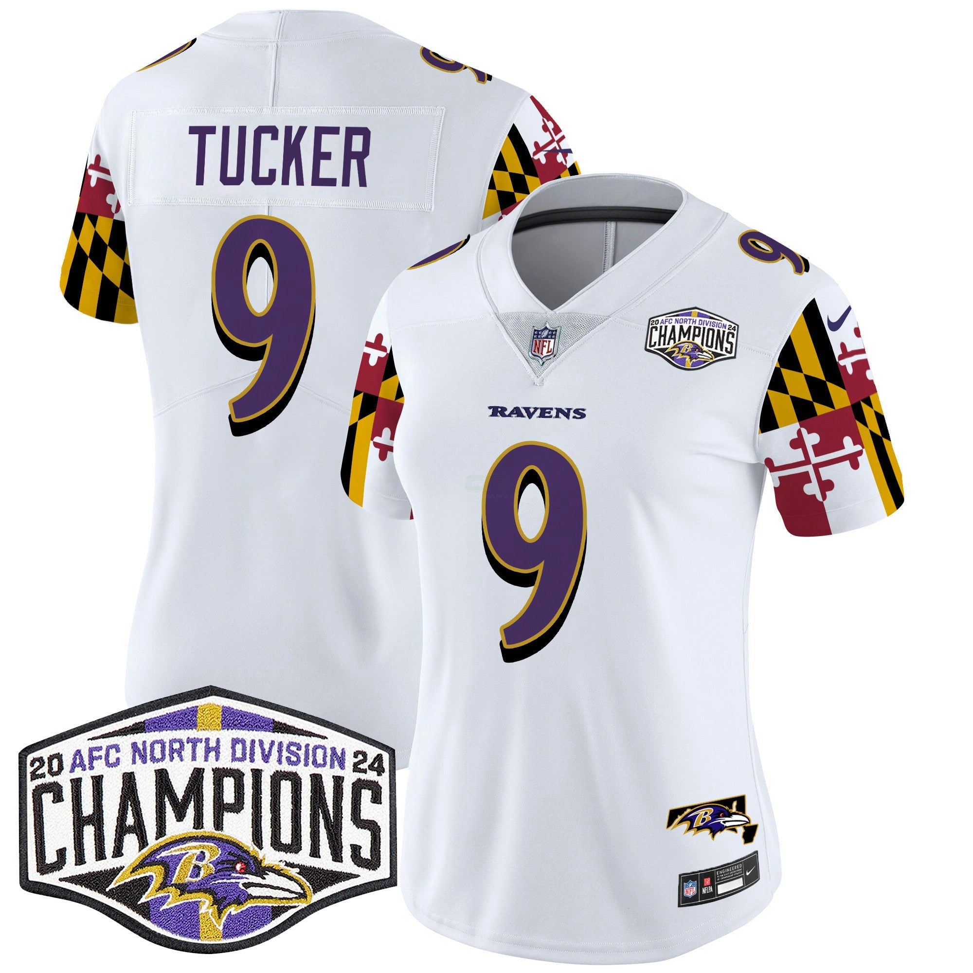Camisa NFL Women’s Maryland Flag 2024 AFC North Division Champions Patch Vapor Limited Jersey