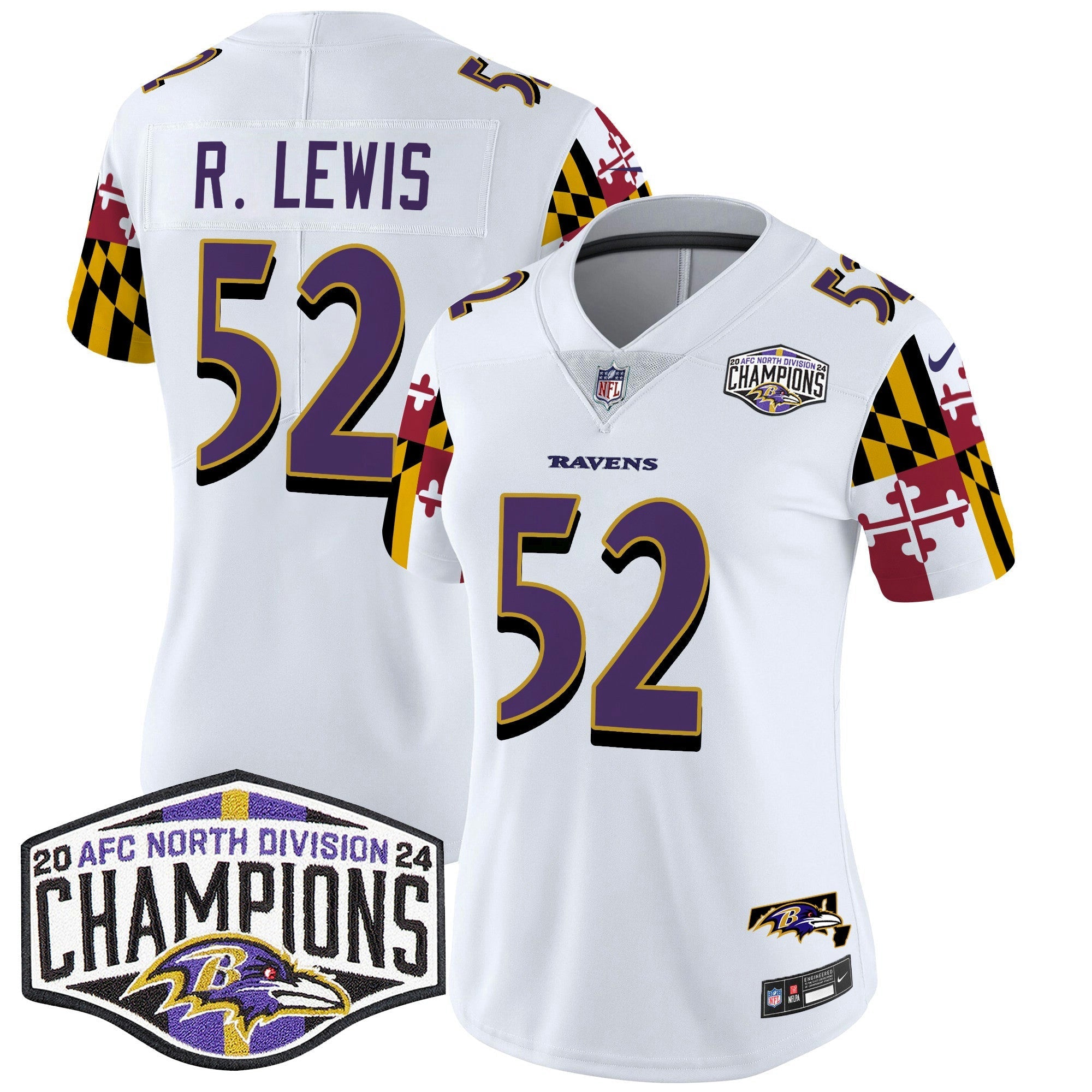 Camisa NFL Women’s Maryland Flag 2024 AFC North Division Champions Patch Vapor Limited Jersey