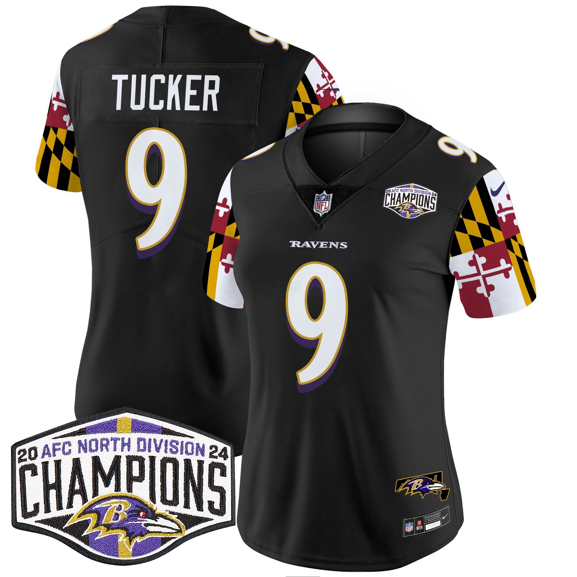 Camisa NFL Women’s Maryland Flag 2024 AFC North Division Champions Patch Vapor Limited Jersey