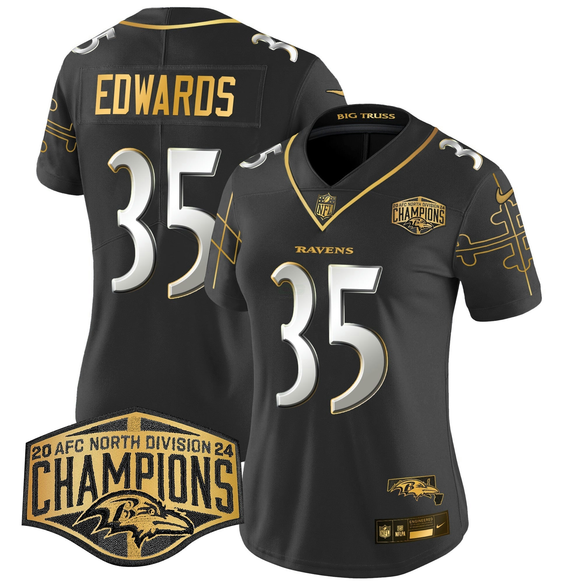 Camisa NFL Women’s Maryland Flag Map 2024 AFC North Division Champions Patch Dourada Vapor Limited Jersey