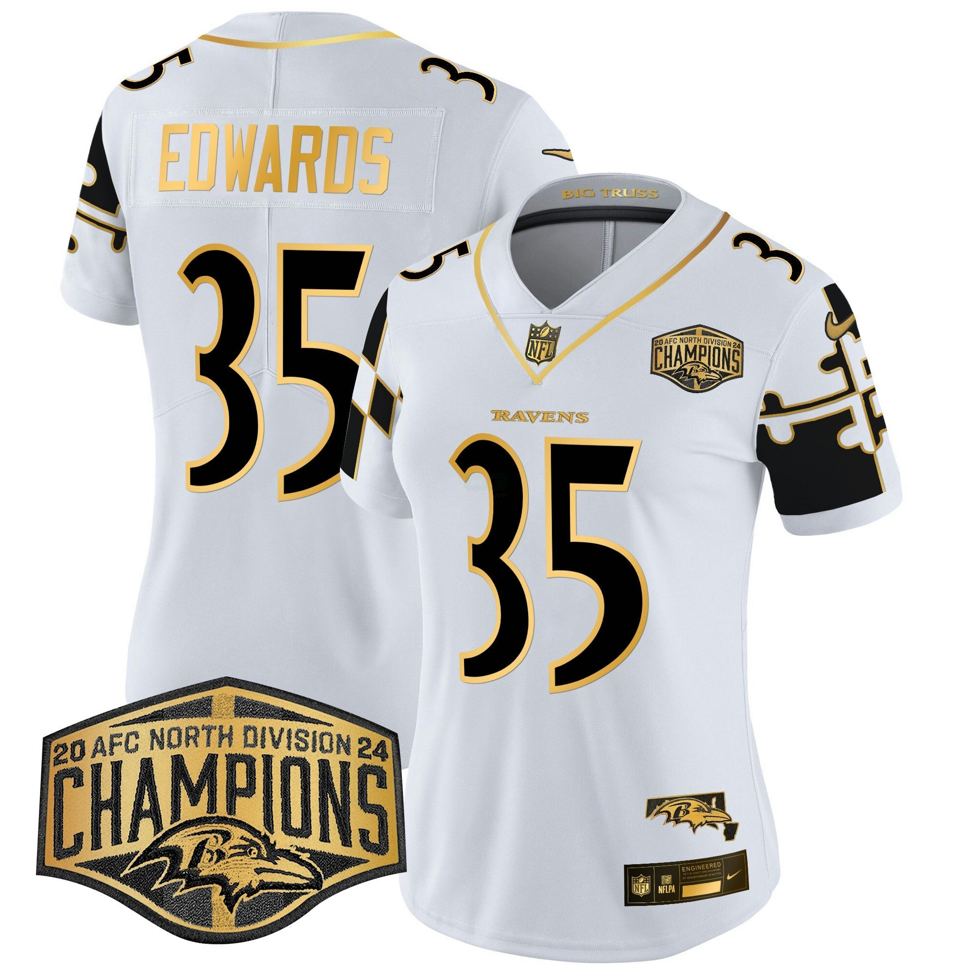 Camisa NFL Women’s Maryland Flag Map 2024 AFC North Division Champions Patch Dourada Vapor Limited Jersey