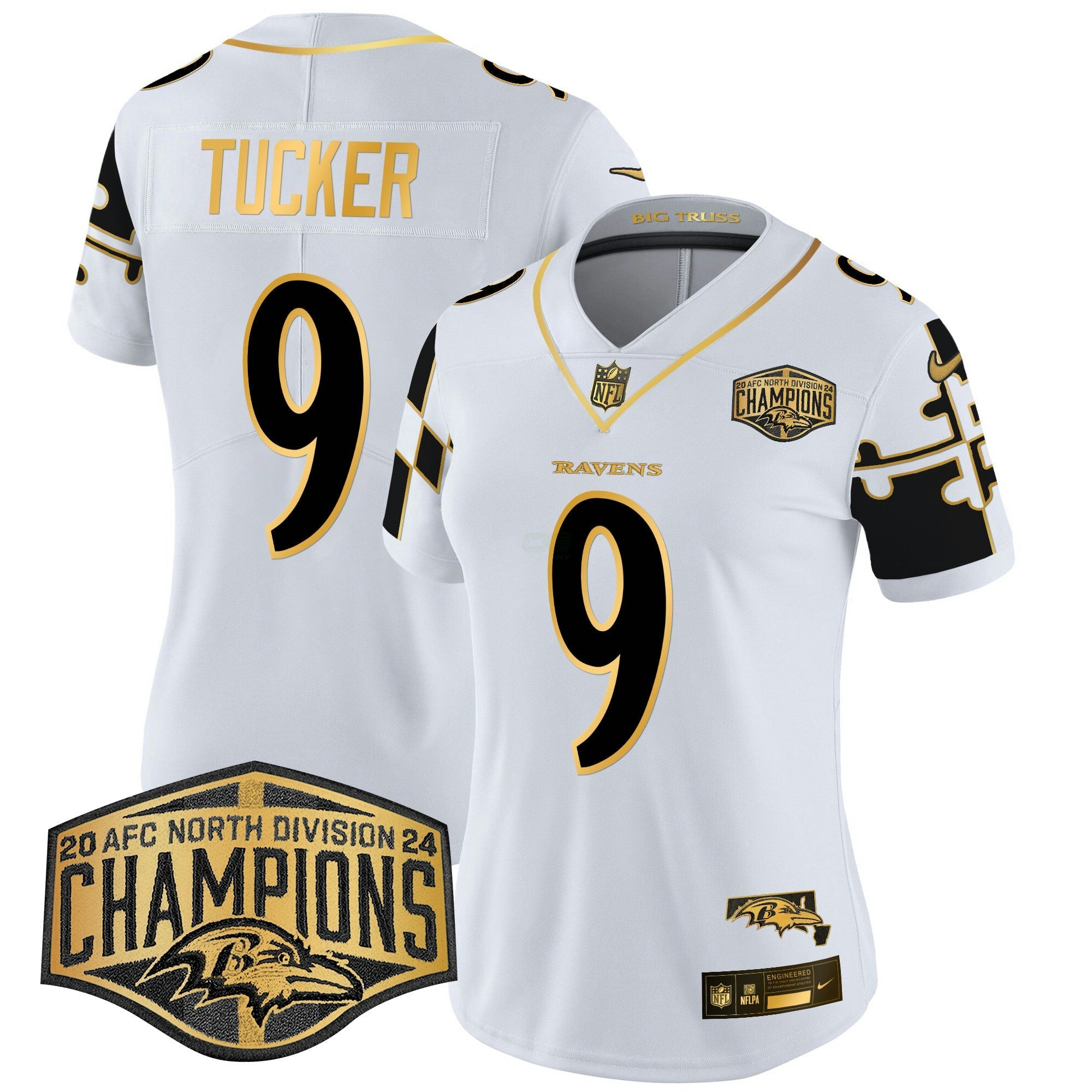 Camisa NFL Women’s Maryland Flag Map 2024 AFC North Division Champions Patch Dourada Vapor Limited Jersey