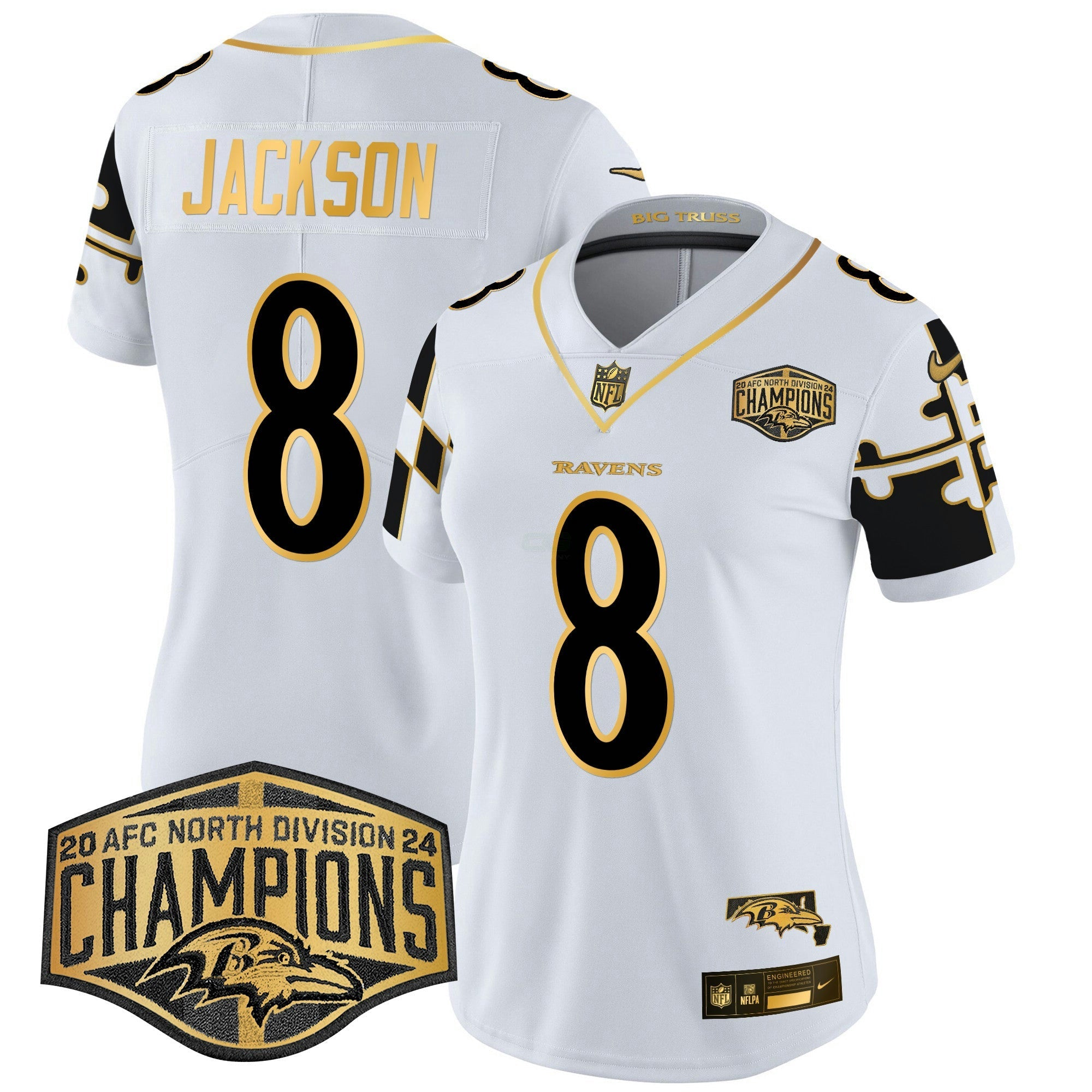 Camisa NFL Women’s Maryland Flag Map 2024 AFC North Division Champions Patch Dourada Vapor Limited Jersey