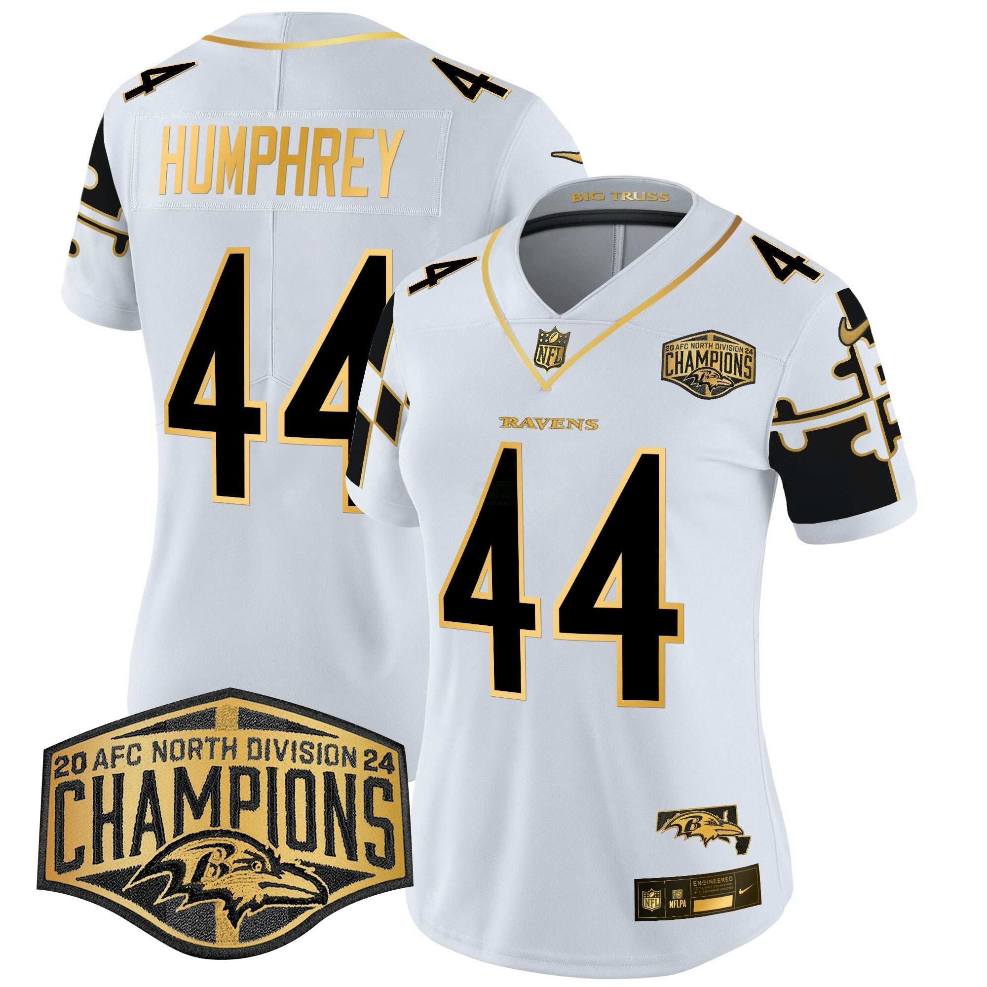 Camisa NFL Women’s Maryland Flag Map 2024 AFC North Division Champions Patch Dourada Vapor Limited Jersey