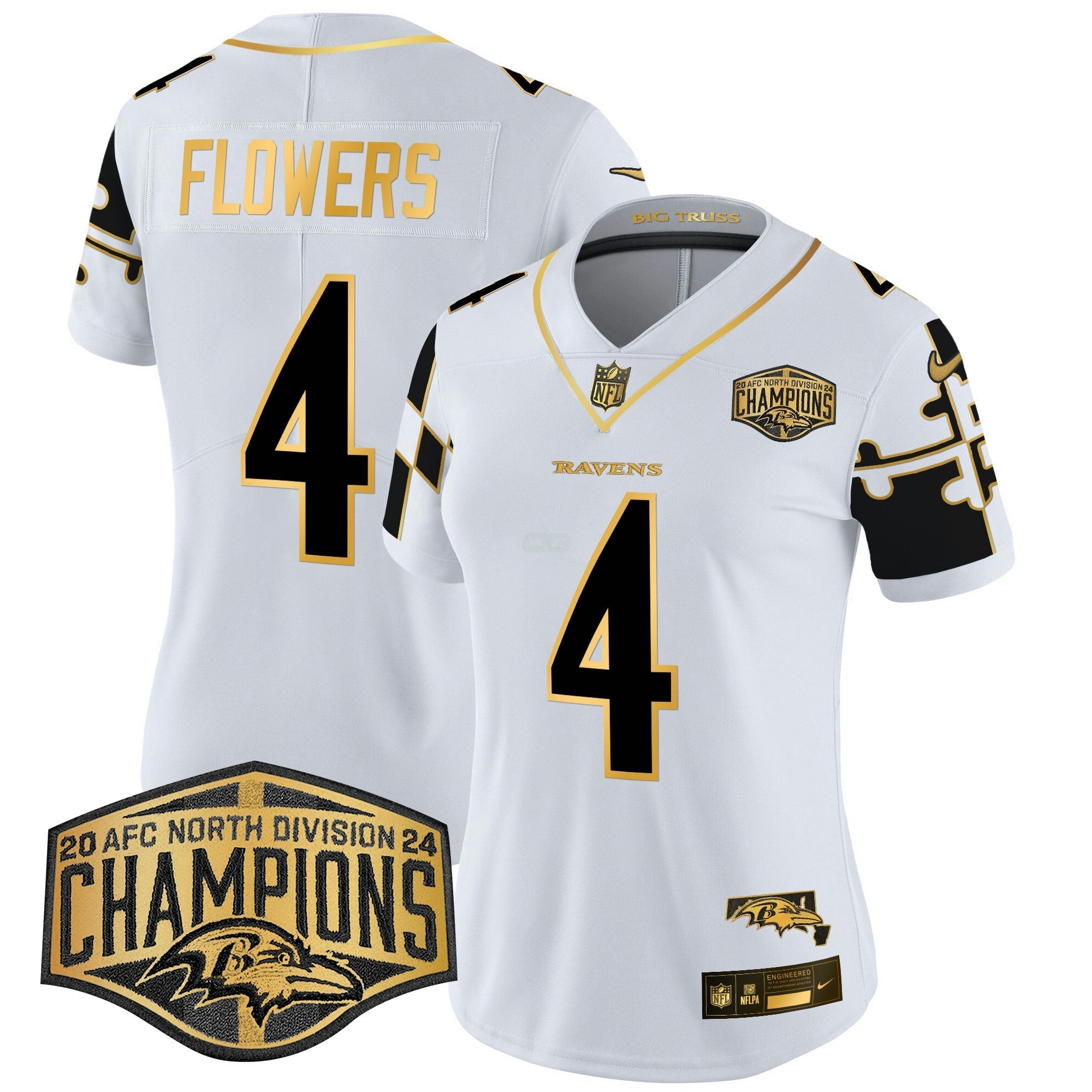 Camisa NFL Women’s Maryland Flag Map 2024 AFC North Division Champions Patch Dourada Vapor Limited Jersey