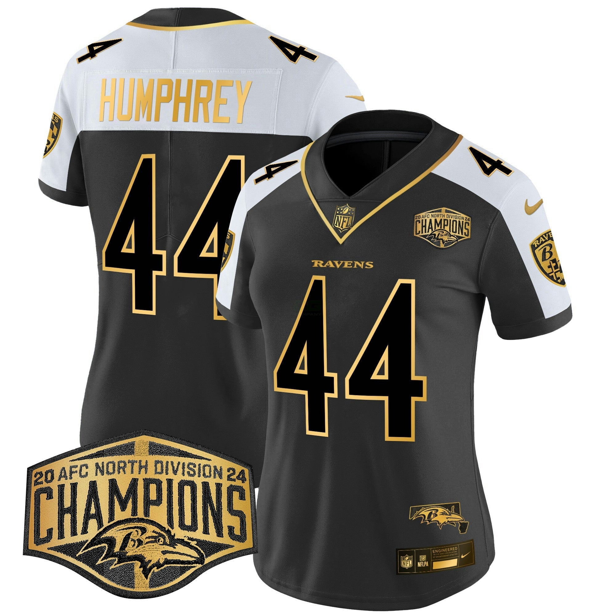 Camisa NFL Women’s Maryland Flag Map 2024 AFC North Division Champions Patch Dourada Vapor Limited Jersey