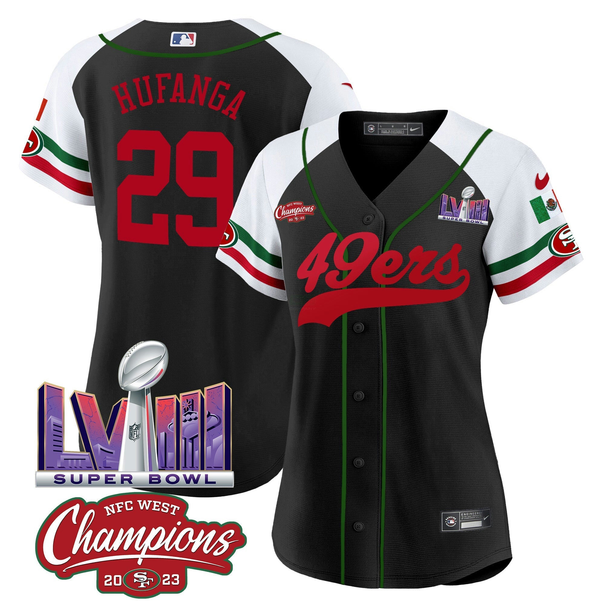 Camisa NFL Women’s Mexico NFC West Champions & Super Bowl LVIII Patch Jersey