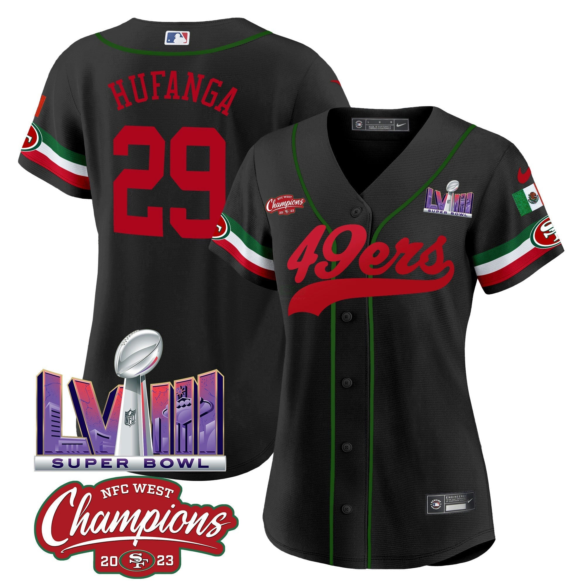 Camisa NFL Women’s Mexico NFC West Champions & Super Bowl LVIII Patch Jersey