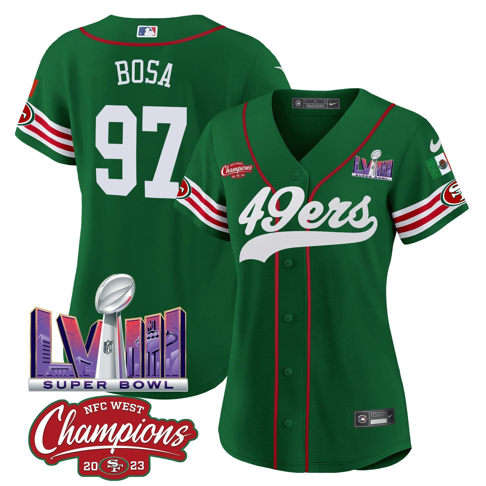 Camisa NFL Women’s Mexico NFC West Champions & Super Bowl LVIII Patch Jersey