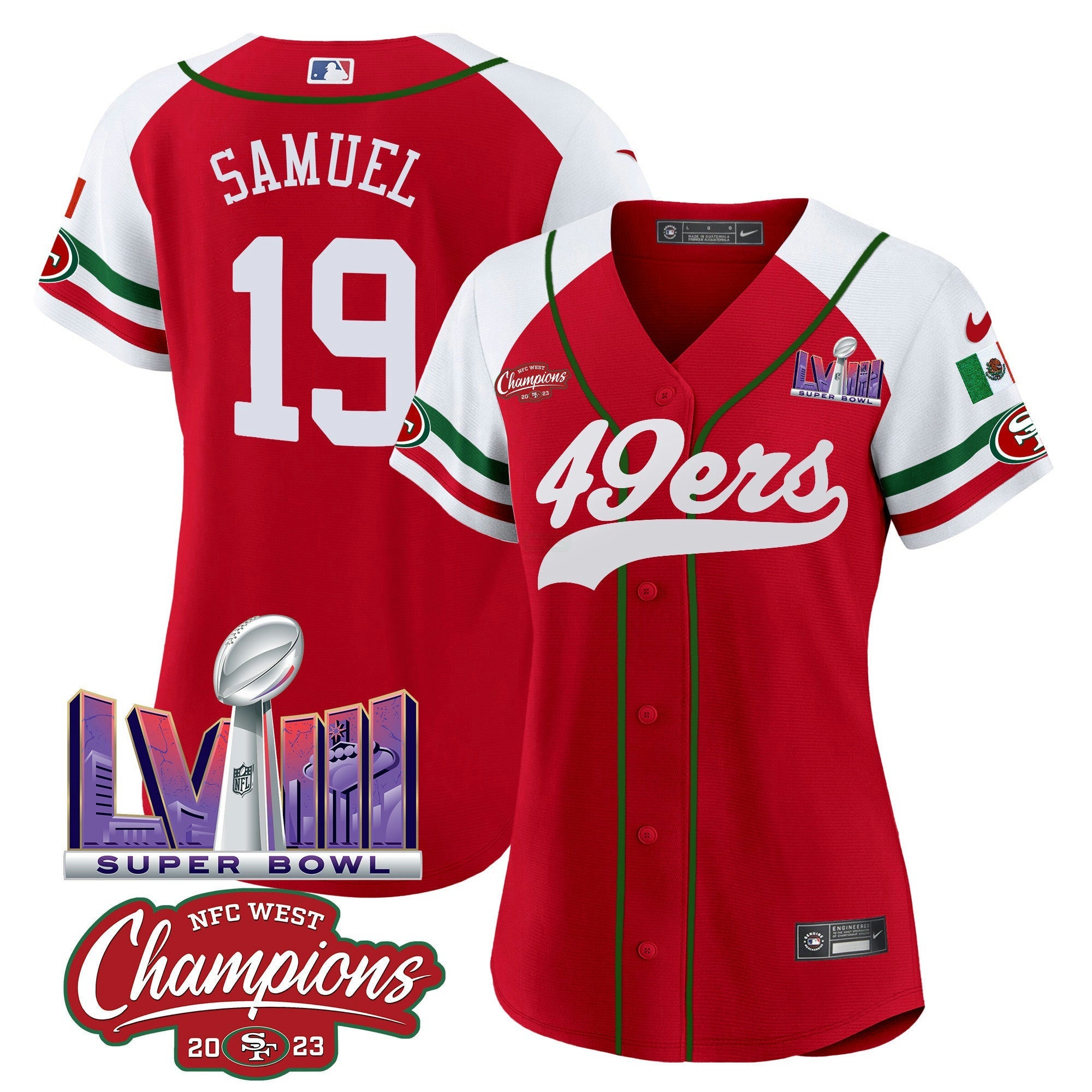 Camisa NFL Women’s Mexico NFC West Champions & Super Bowl LVIII Patch Jersey