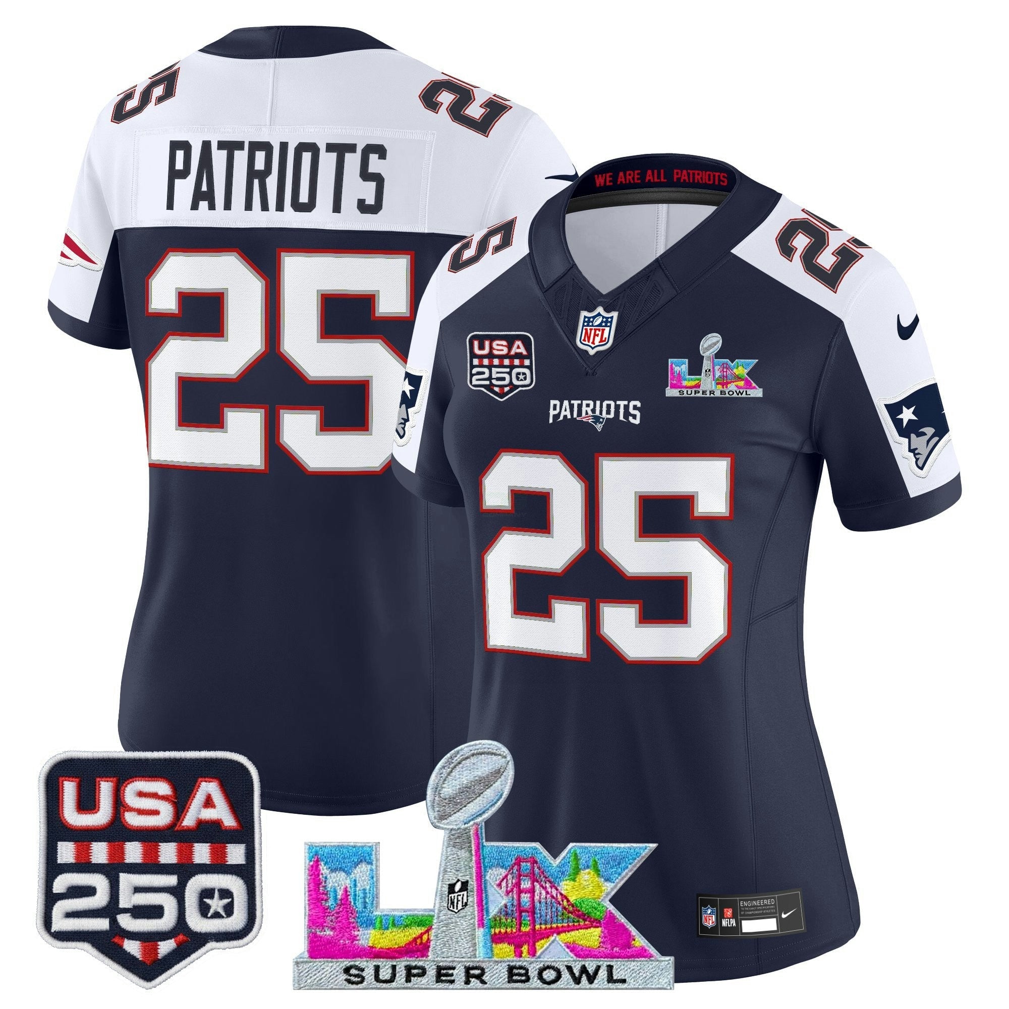 Camisa NFL Women’s New England “Super Bowl LX & United States 250th Anniversary Patch” Vapor Limited Jersey