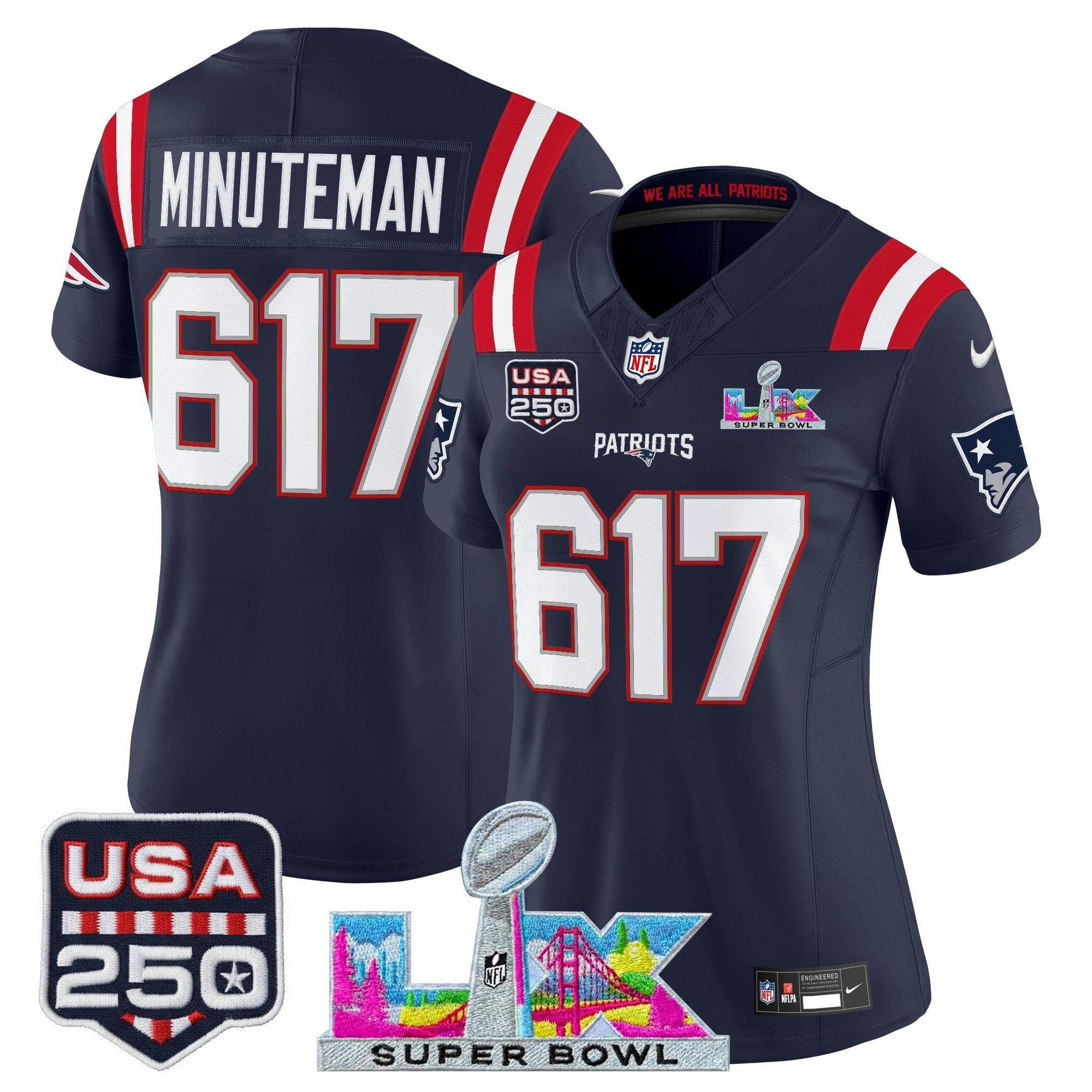 Camisa NFL Women’s New England “Super Bowl LX & United States 250th Anniversary Patch” Vapor Limited Jersey